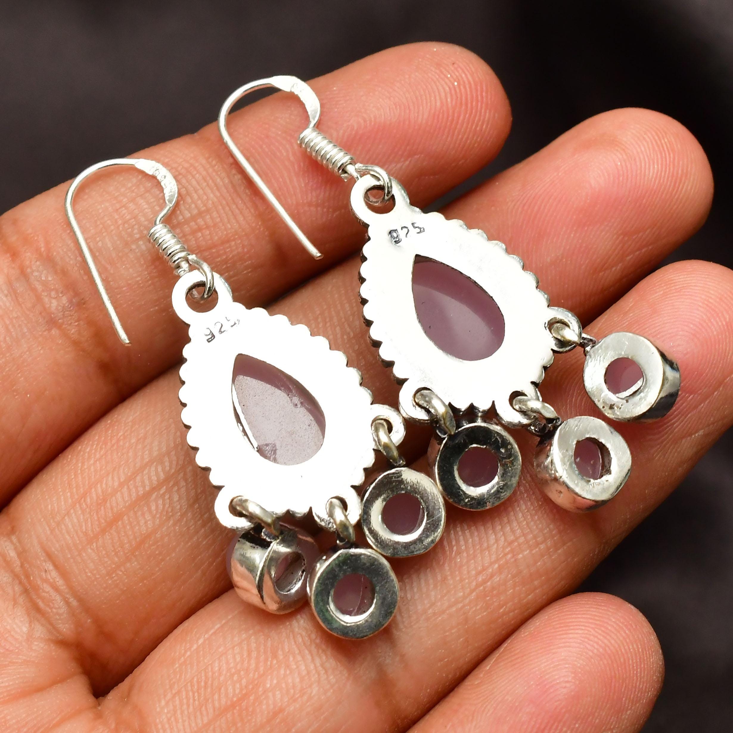 EkkJewels Rose Quartz 925 Sterling Silver Dangle Earrings Handmade Bohemian