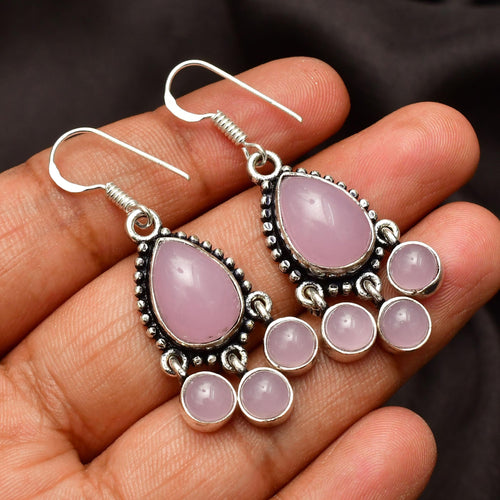 EkkJewels Rose Quartz 925 Sterling Silver Dangle Earrings Handmade Bohemian