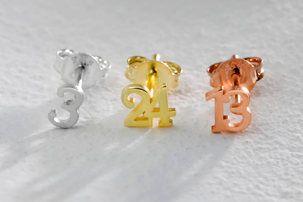 SilverGoldandRose Gold Number Earrings Sterling Silver Personalized Stud Jewelry
