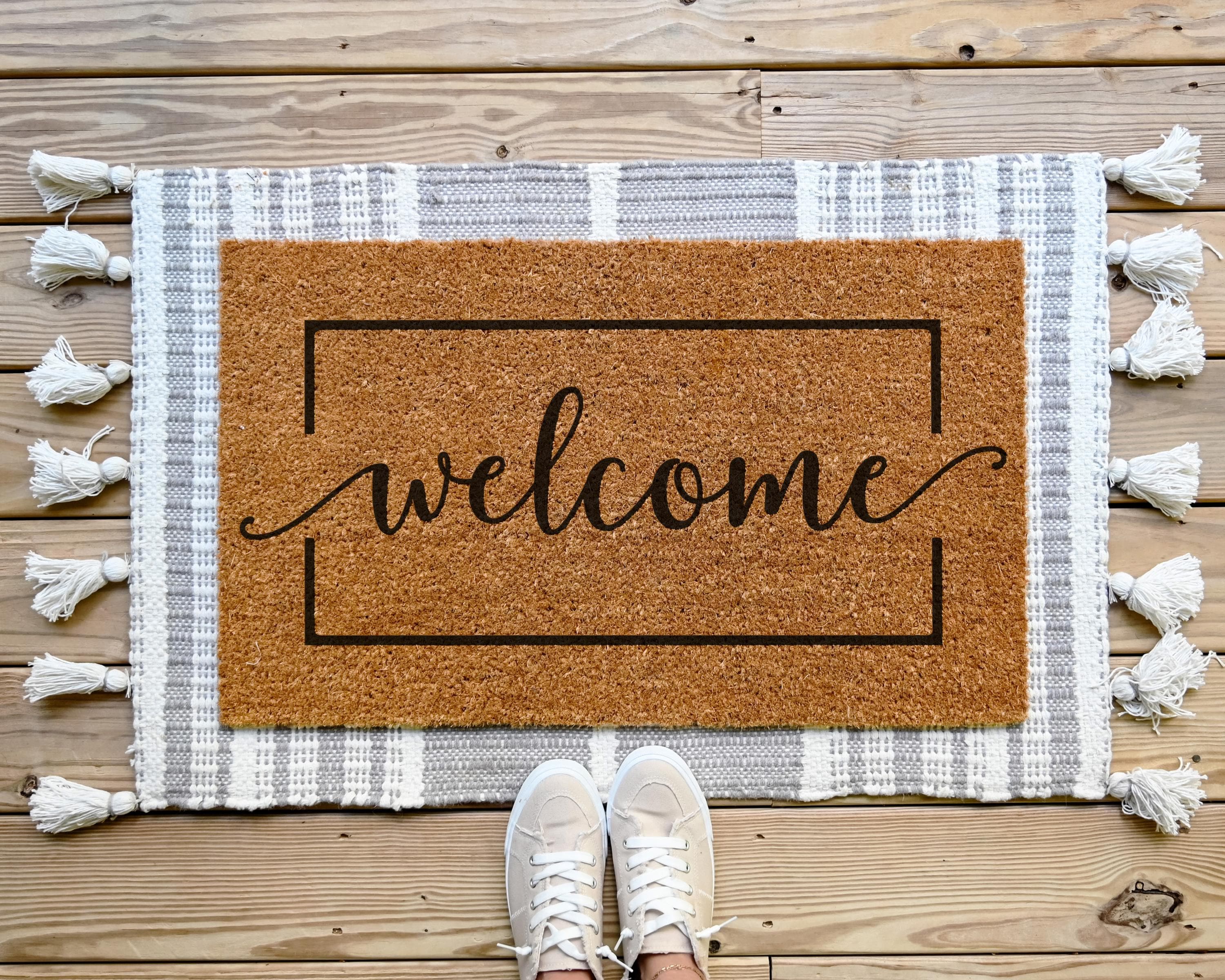 HamlinRowShop Welcome Cursive Script Coir Doormat Natural Fiber