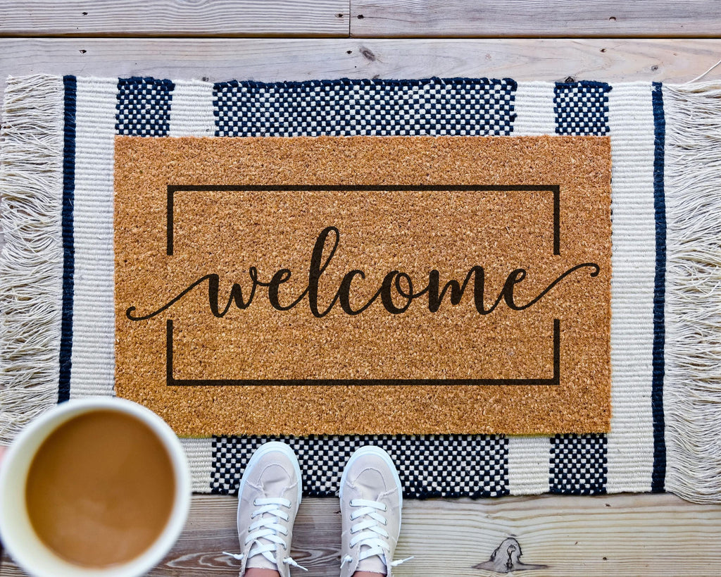 HamlinRowShop Welcome Cursive Script Coir Doormat Natural Fiber
