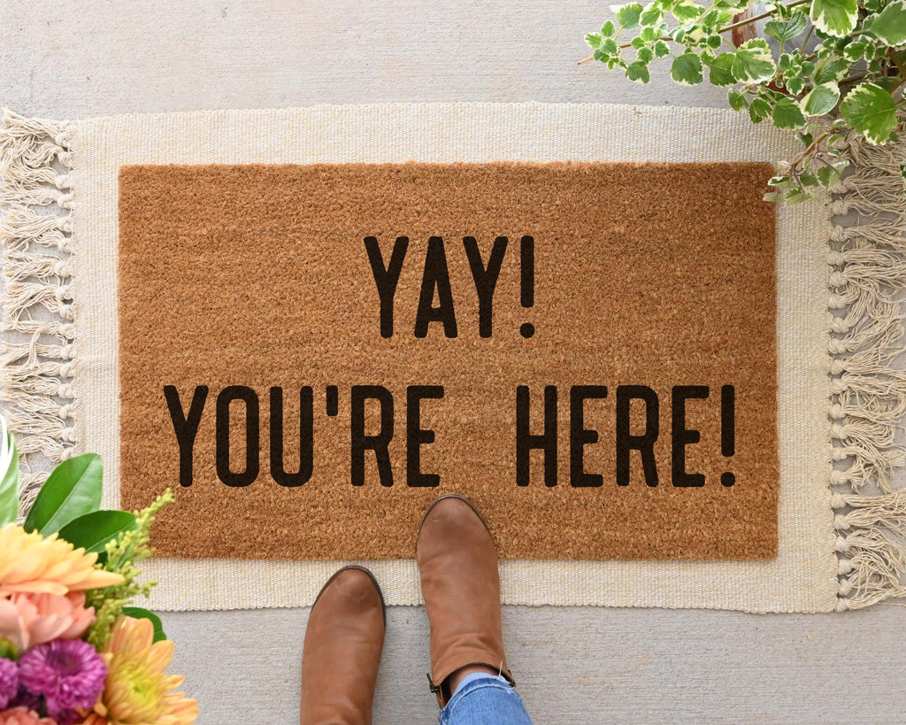 HamlinRowShop Coir Doormat Yay You're Here Welcome Mat