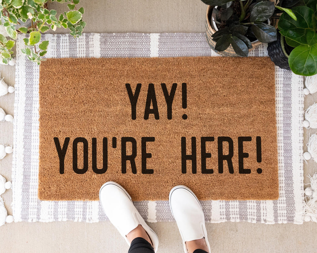 HamlinRowShop Coir Doormat Yay You're Here Welcome Mat