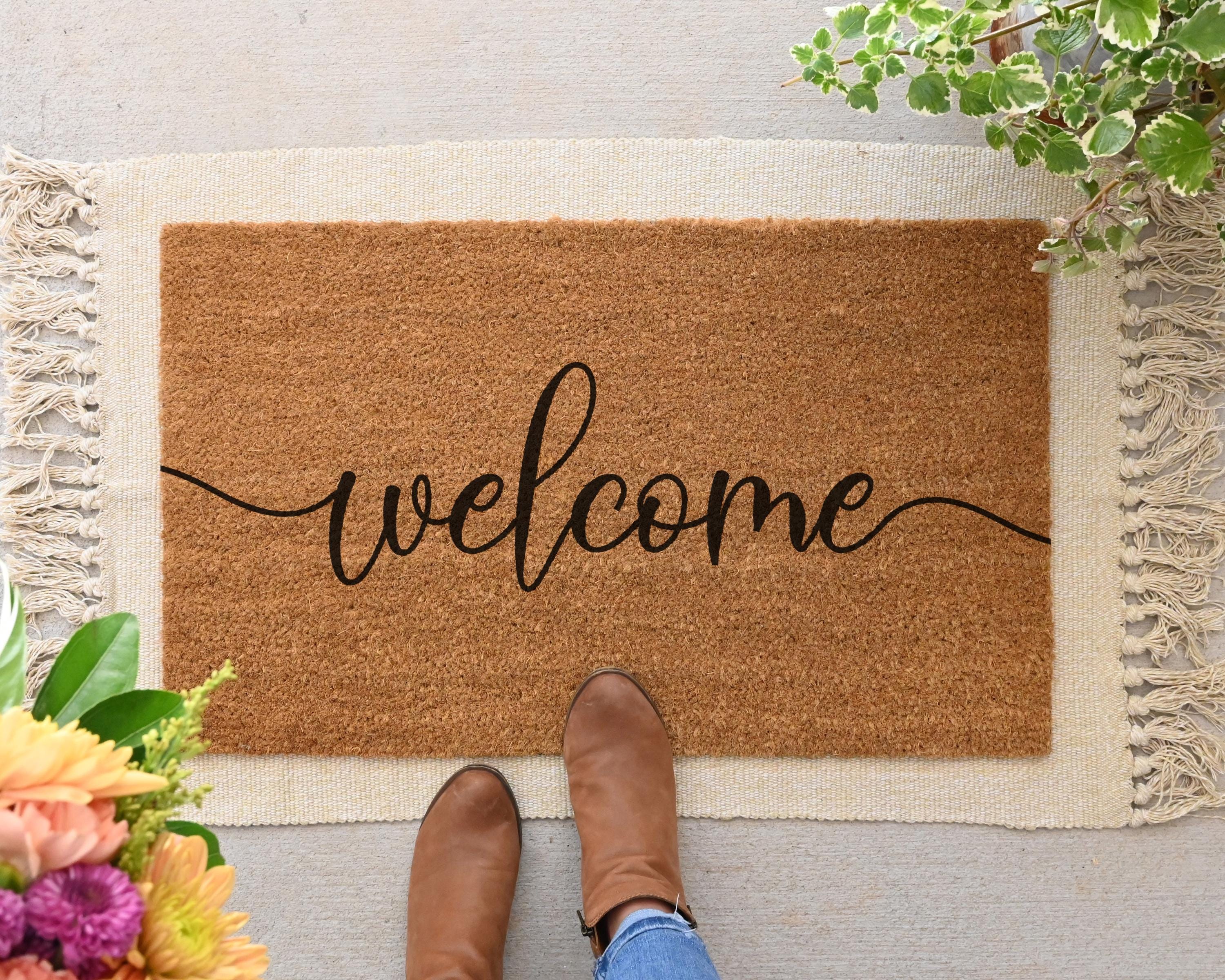 HamlinRowShop Welcome Cursive Script Coir Doormat
