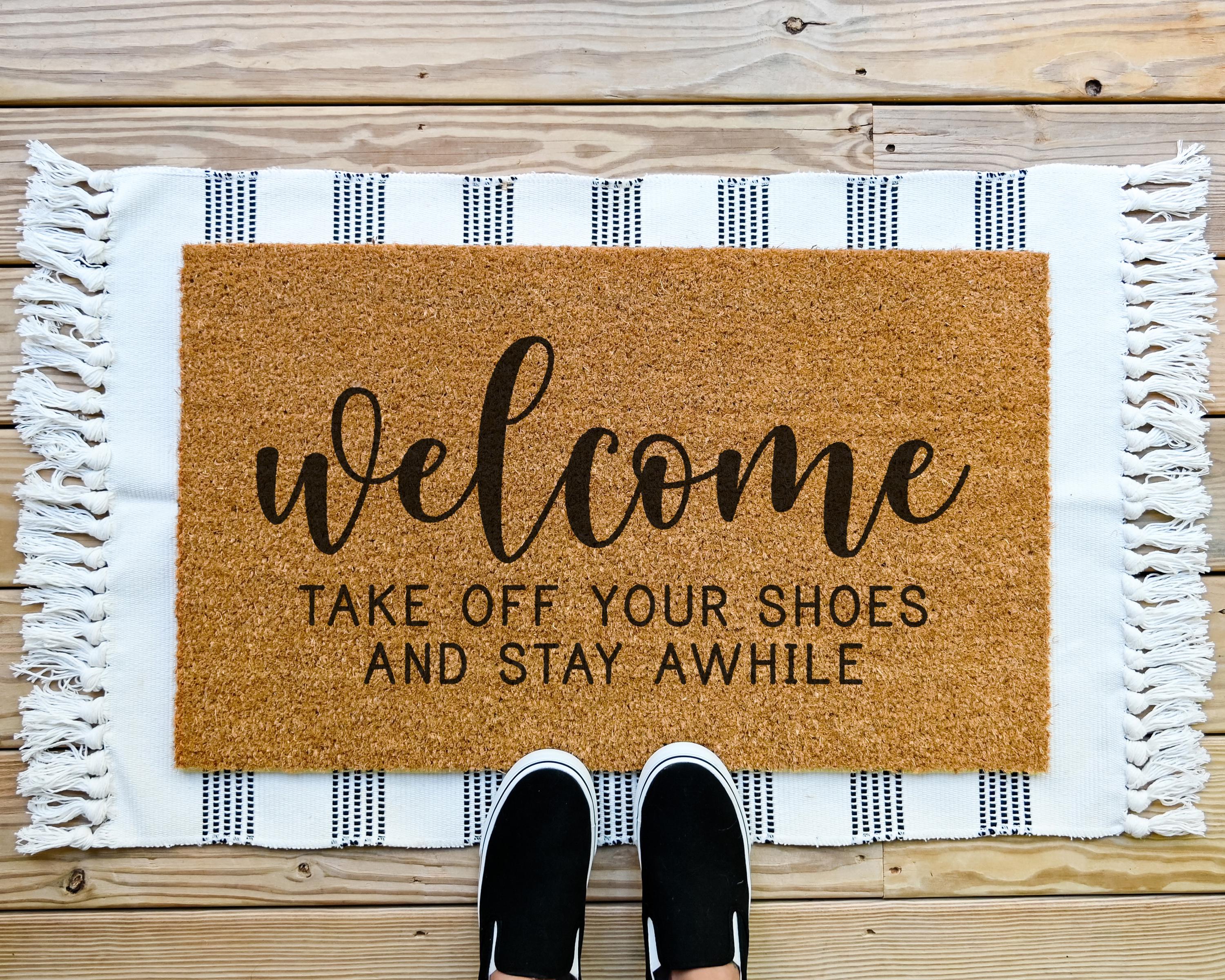 HamlinRowShop Coir Welcome Doormat - Take Off Your Shoes Stay Awhile