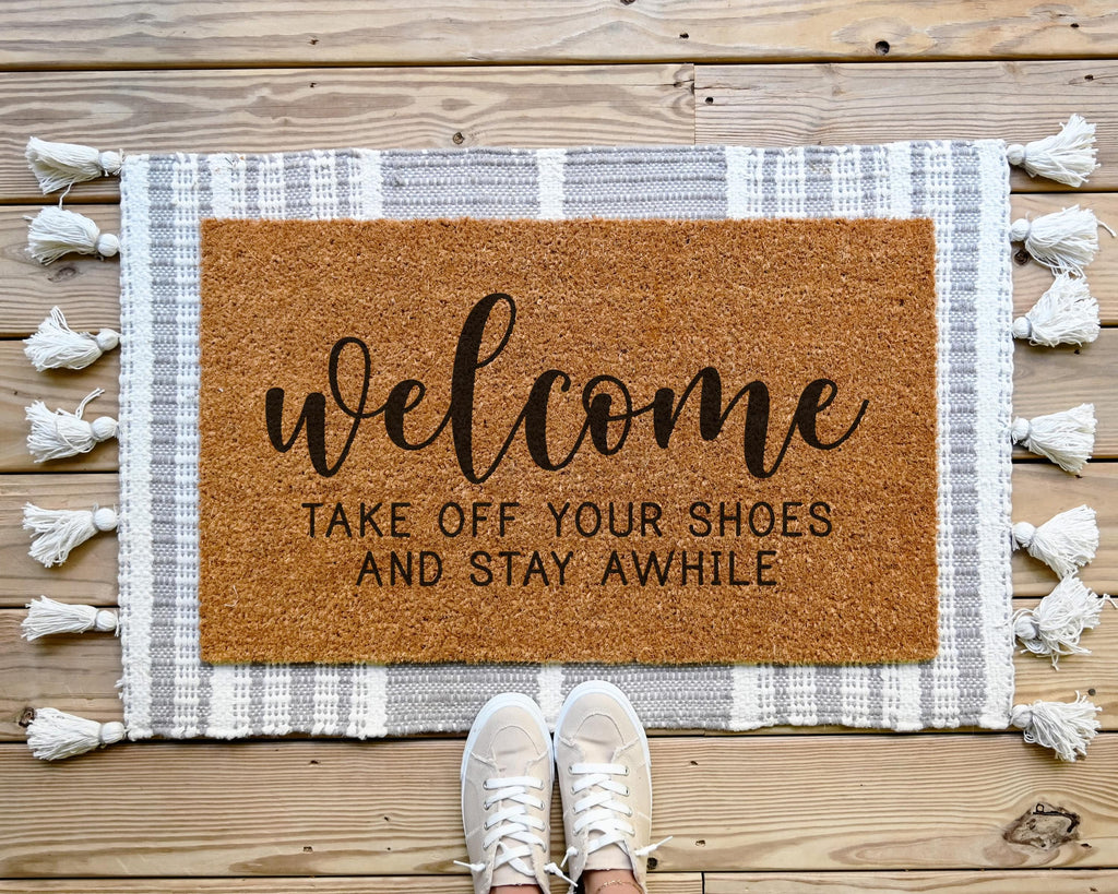 HamlinRowShop Coir Welcome Doormat - Take Off Your Shoes Stay Awhile