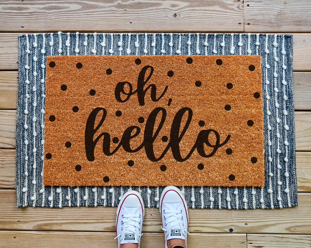 HamlinRowShop Oh Hello Coir Doormat Scrolling Cursive Design