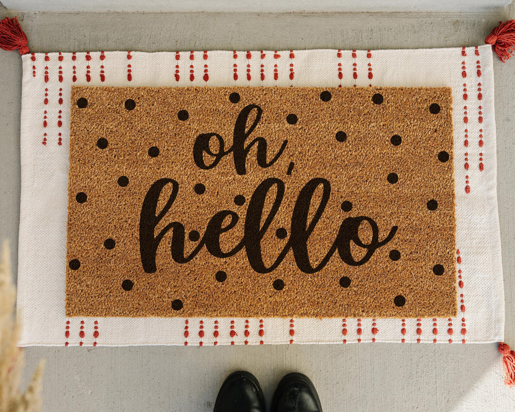 HamlinRowShop Oh Hello Coir Doormat Scrolling Cursive Design