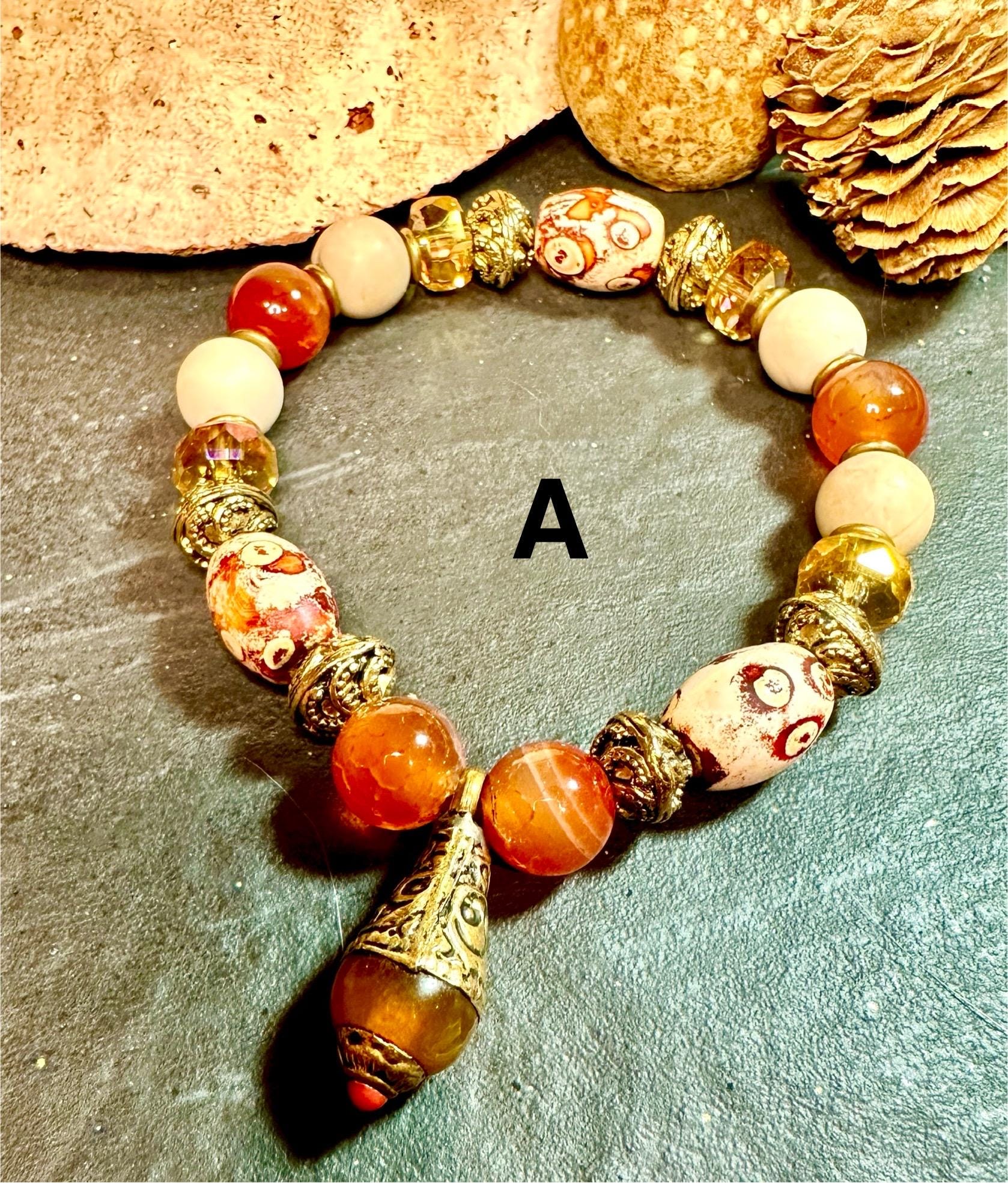 MossberryandStone Tibetan Beaded Brass Bracelet Stack Boho Gemstone