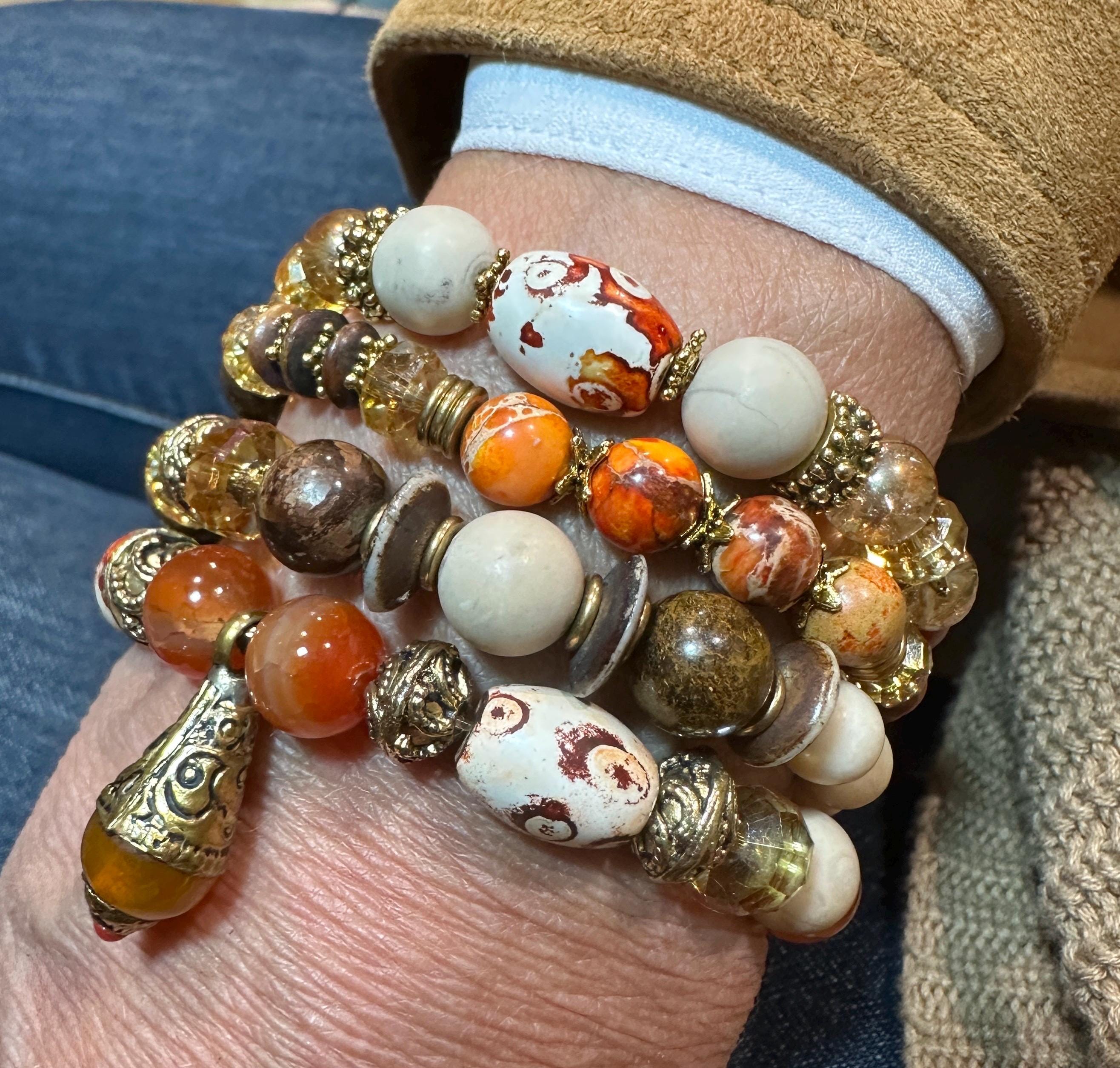 MossberryandStone Tibetan Beaded Brass Bracelet Stack Boho Gemstone