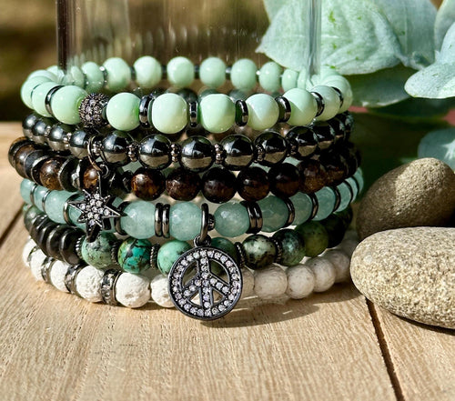 Beaded Bracelet Stack Featuring a CZ Peace Sign Charm