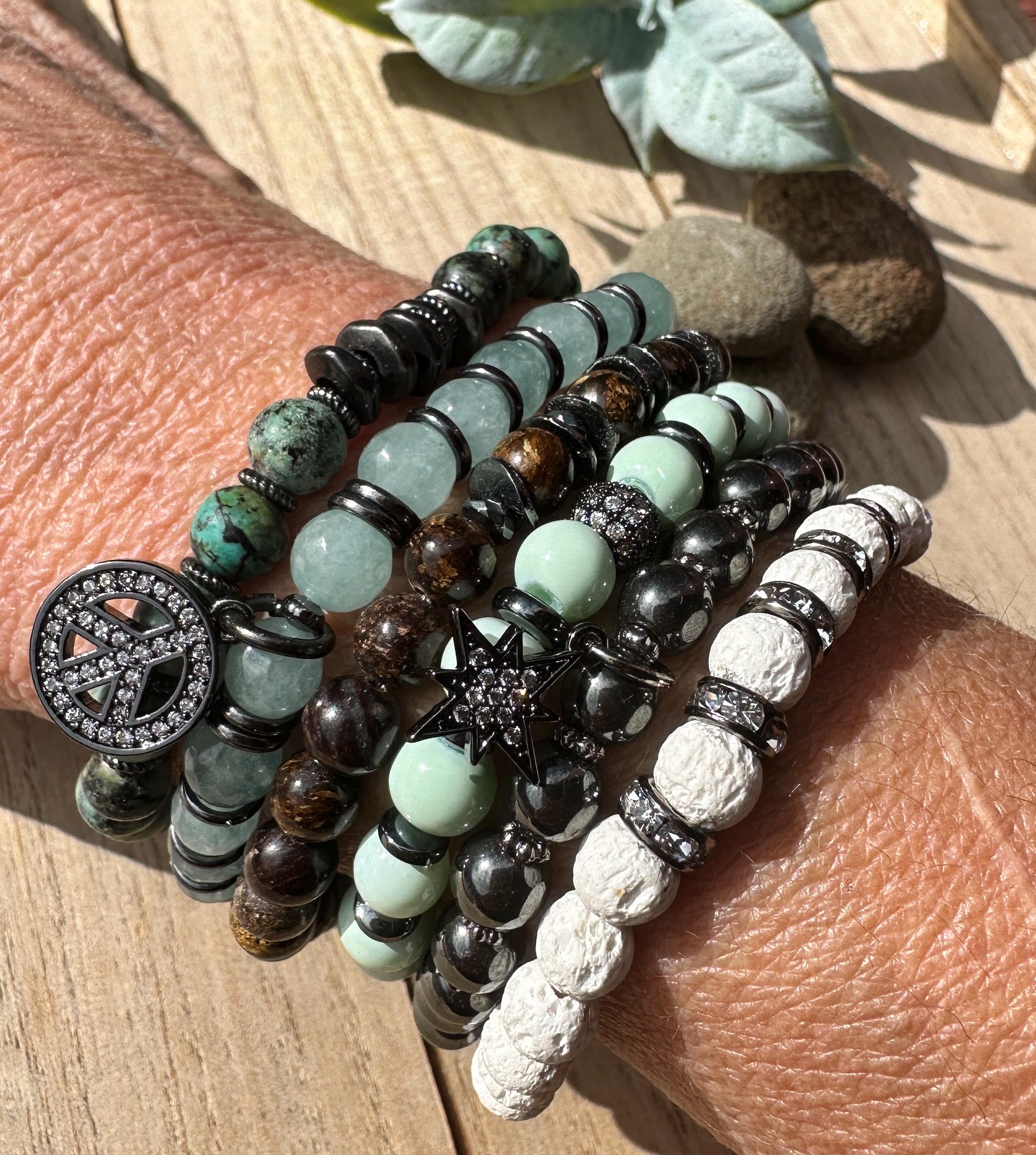 MossberryandStone Beaded Bracelet Stack With CZ Peace Sign Charm