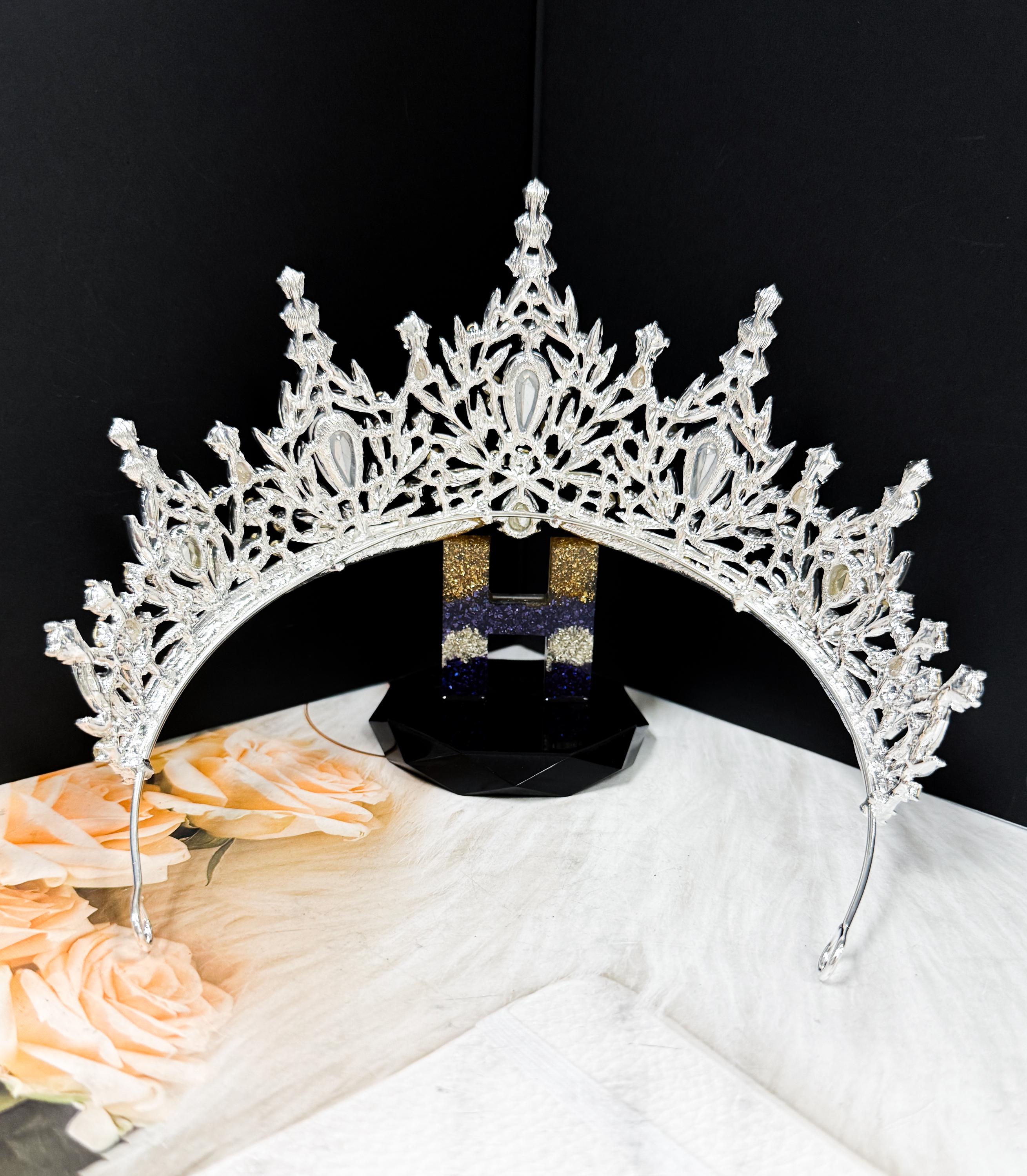 Silver Crystal Tiara Blue Cream Bridal Headpiece Wedding Crown