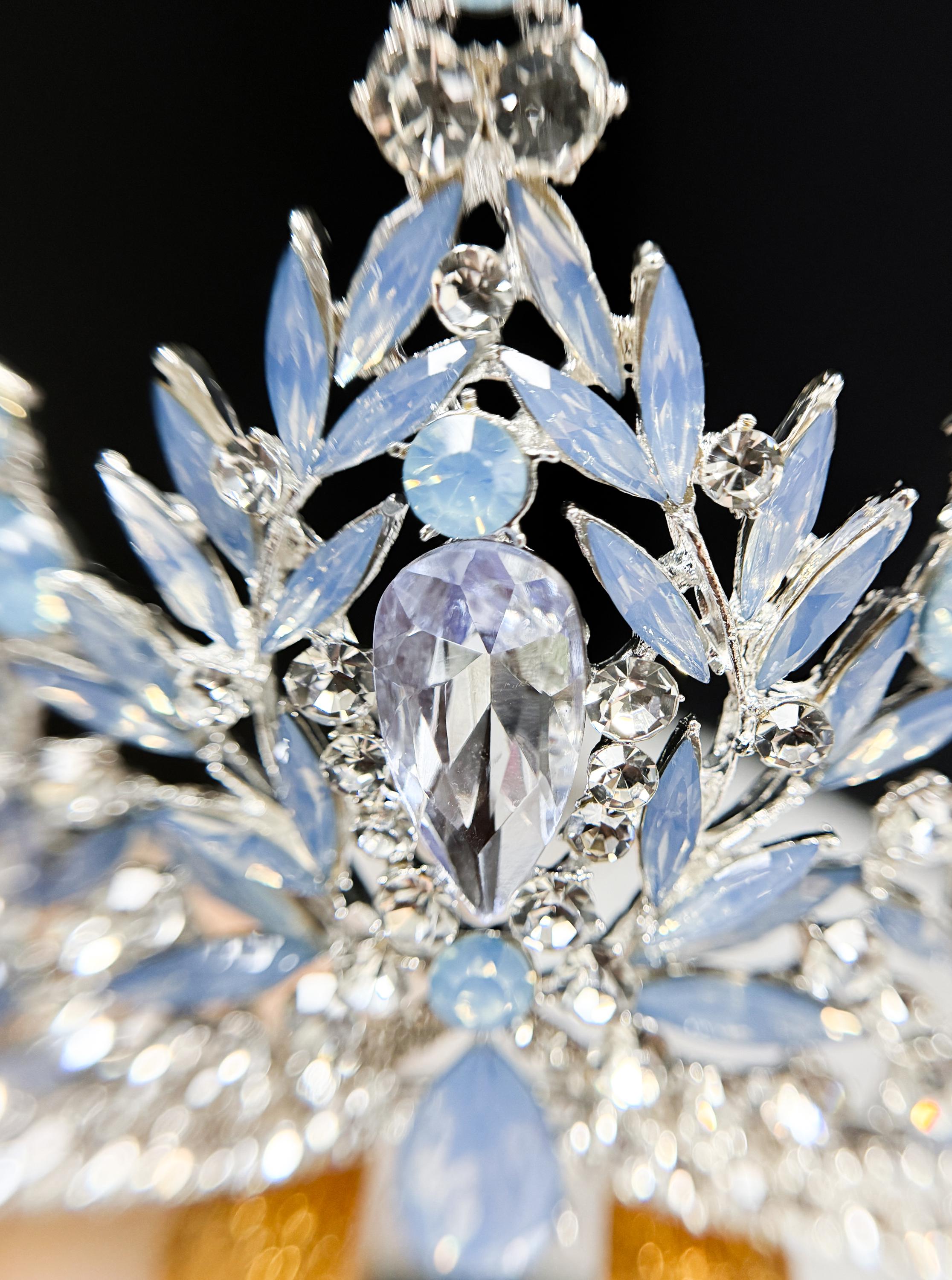Silver Crystal Tiara Blue Cream Bridal Headpiece Wedding Crown