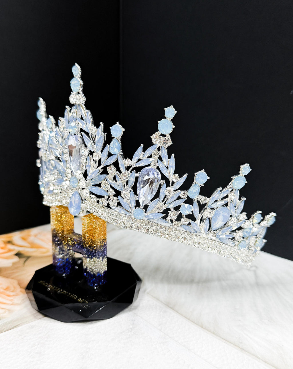 Silver Crystal Tiara Blue Cream Bridal Headpiece Wedding Crown