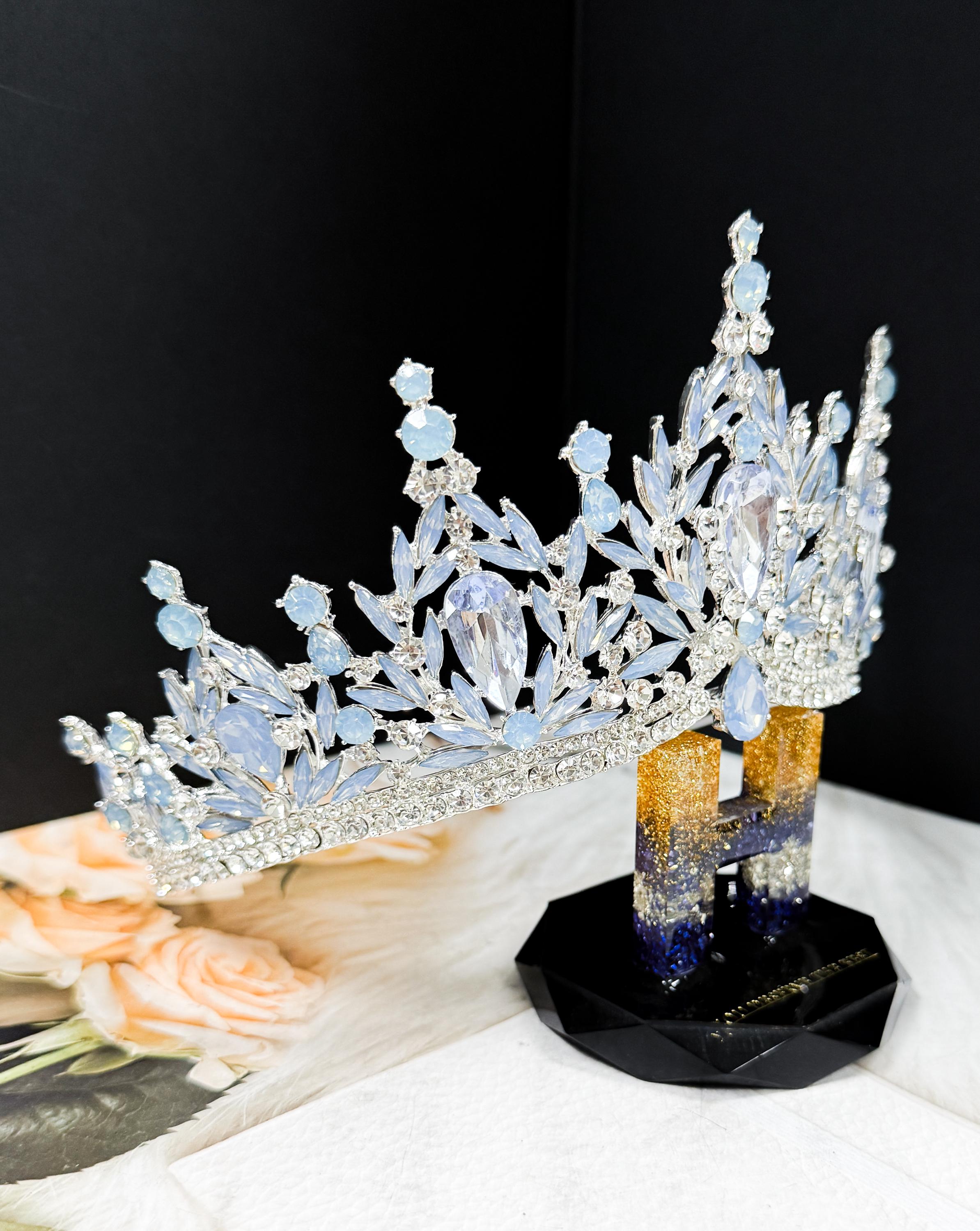Silver Crystal Tiara Blue Cream Bridal Headpiece Wedding Crown