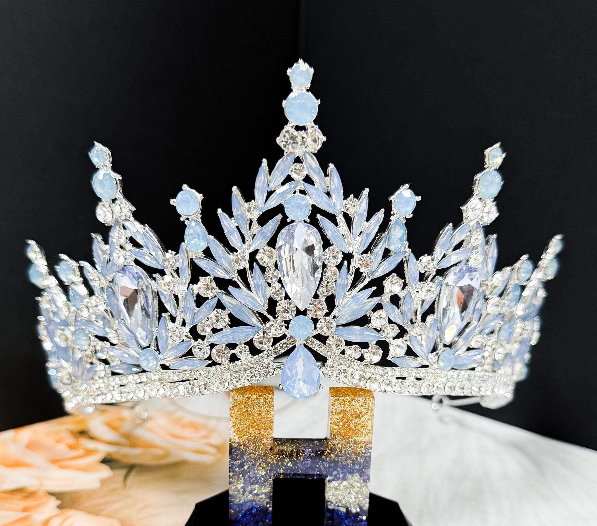 Silver Crystal Tiara Blue Cream Bridal Headpiece Wedding Crown