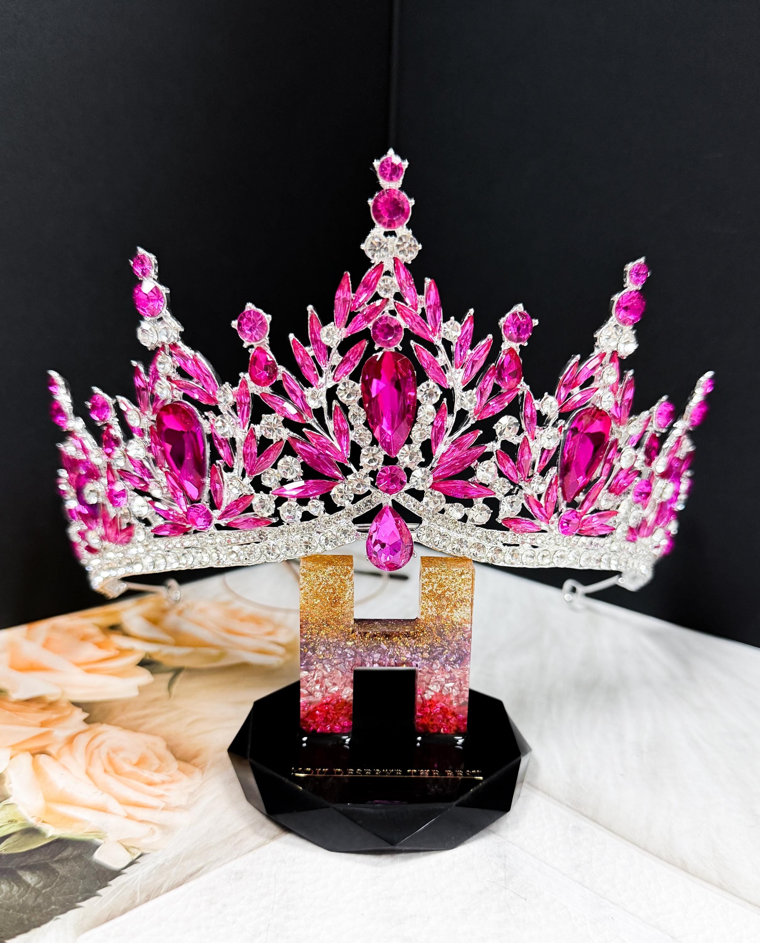 HappyJewelryWorld Fuchsia Crystal Silver Tiara Crown Bridal Headpiece