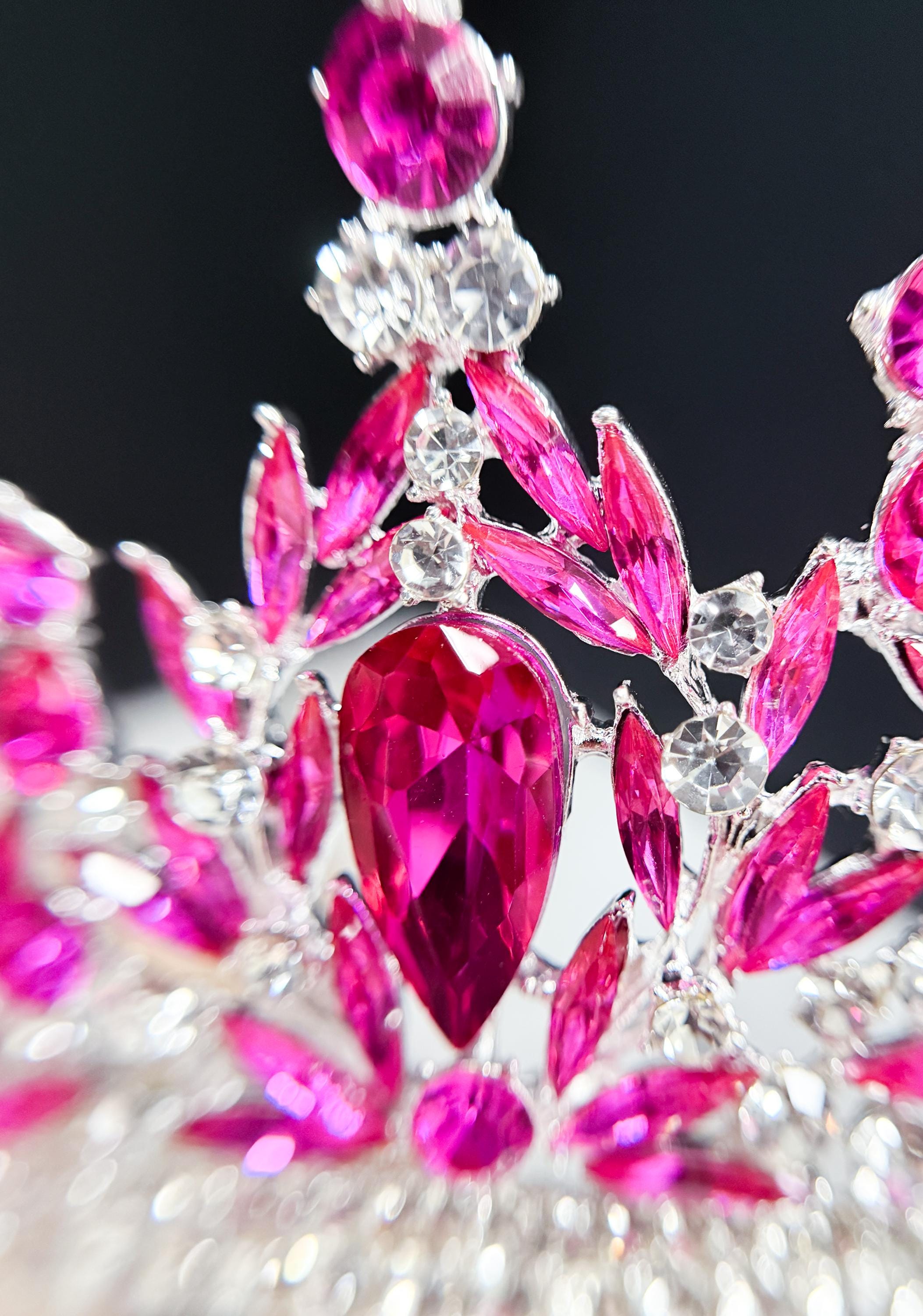 HappyJewelryWorld Fuchsia Crystal Silver Tiara Crown Bridal Headpiece