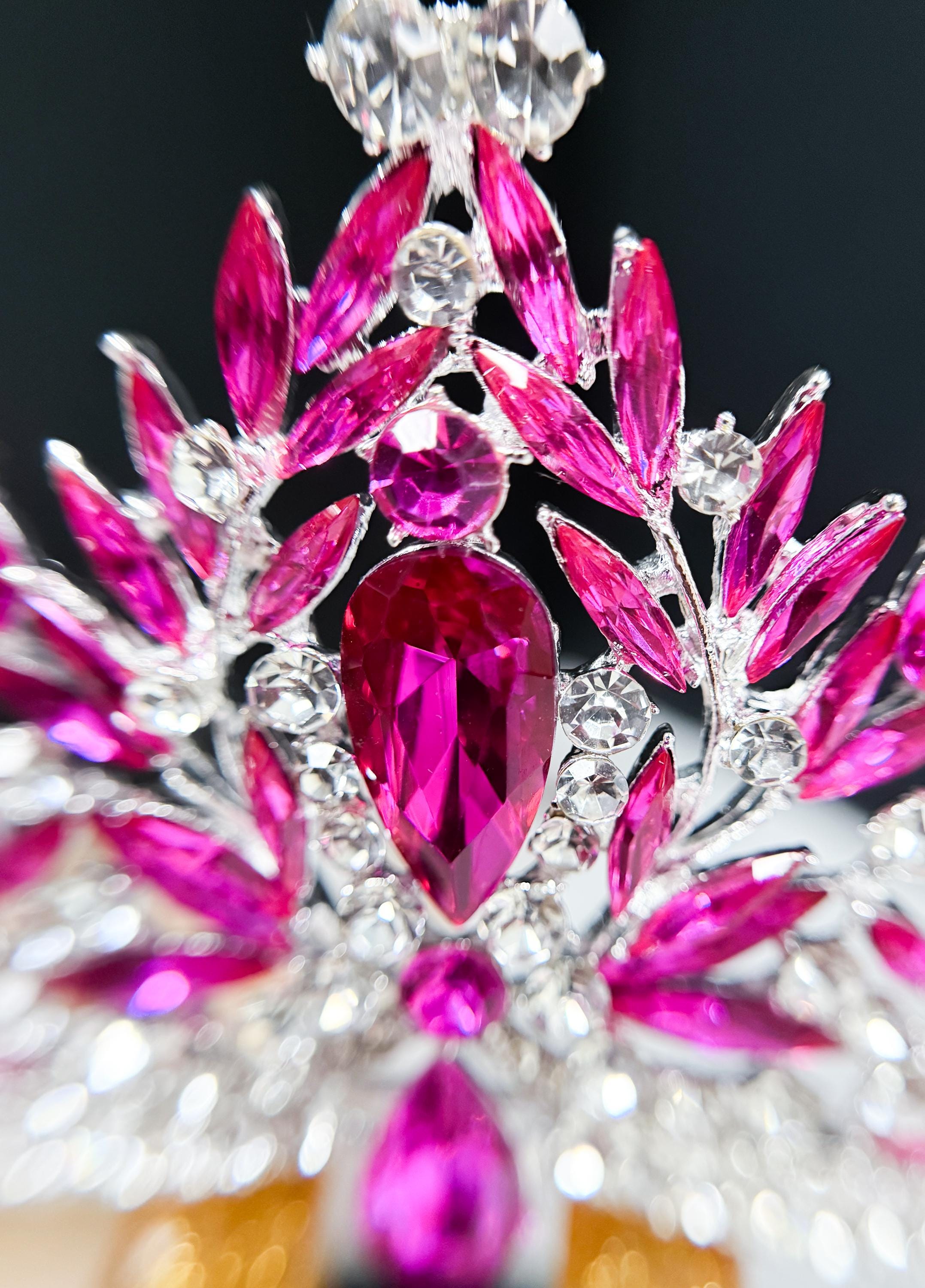 HappyJewelryWorld Fuchsia Crystal Silver Tiara Crown Bridal Headpiece