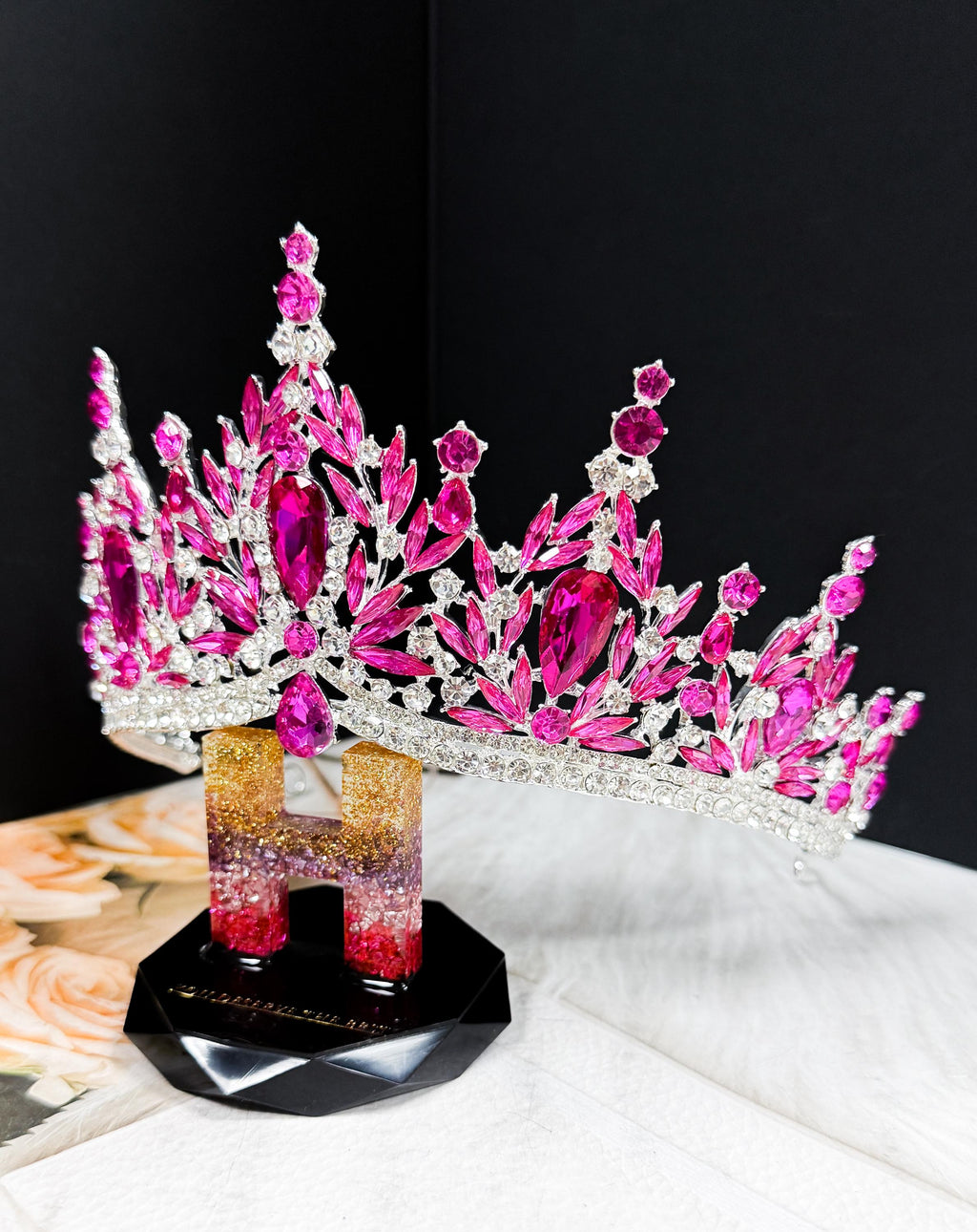 HappyJewelryWorld Fuchsia Crystal Silver Tiara Crown Bridal Headpiece