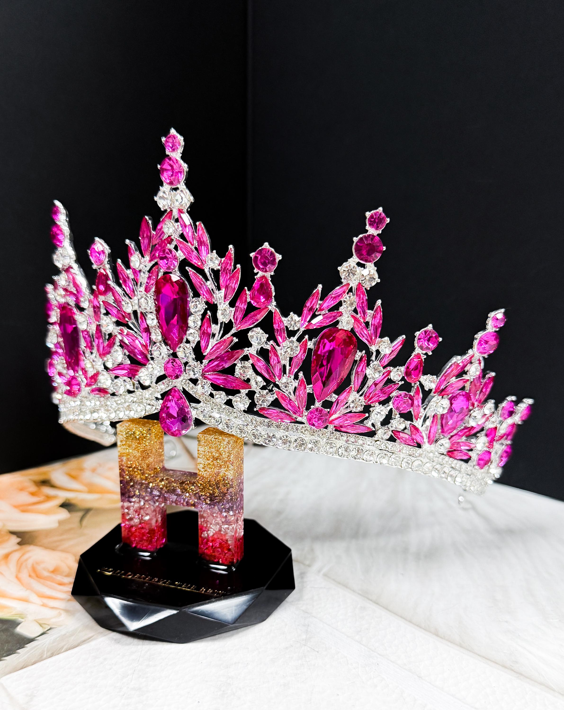 HappyJewelryWorld Fuchsia Crystal Silver Tiara Crown Bridal Headpiece