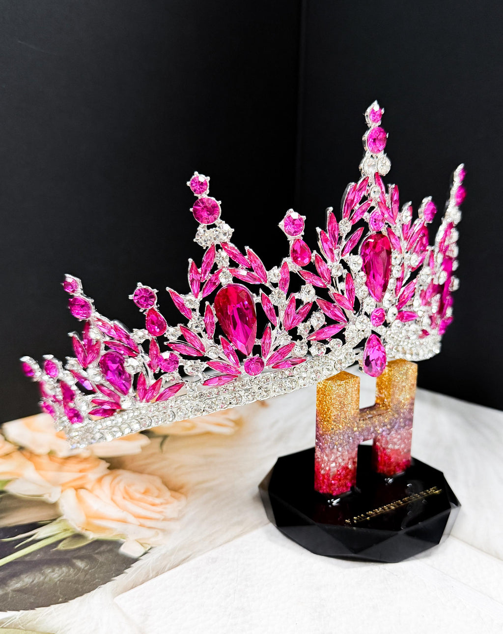 HappyJewelryWorld Fuchsia Crystal Silver Tiara Crown Bridal Headpiece