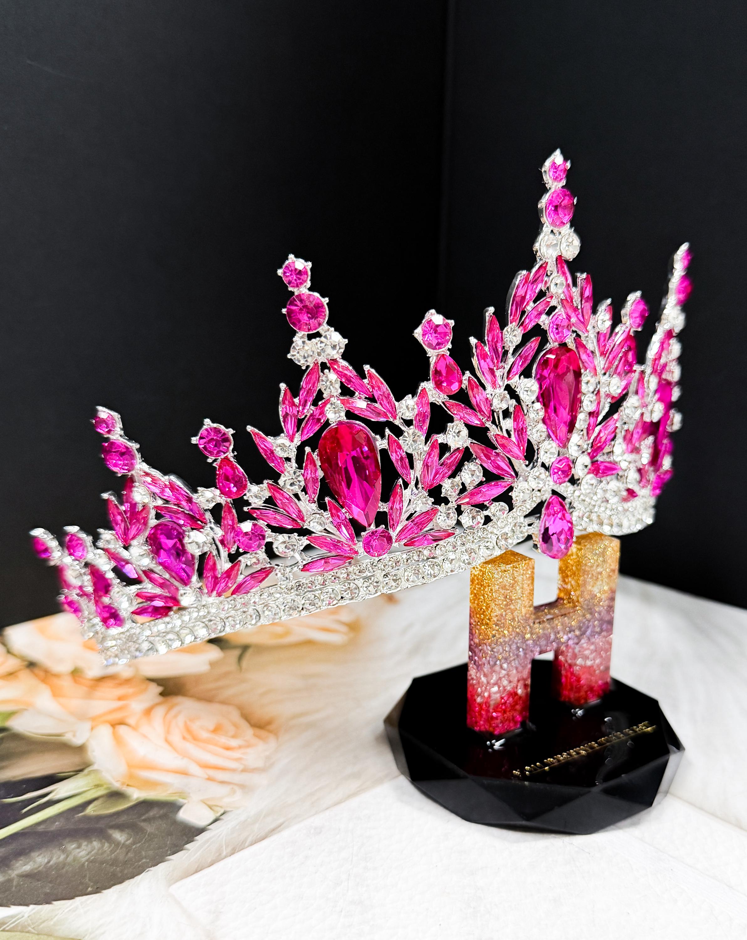 HappyJewelryWorld Fuchsia Crystal Silver Tiara Crown Bridal Headpiece