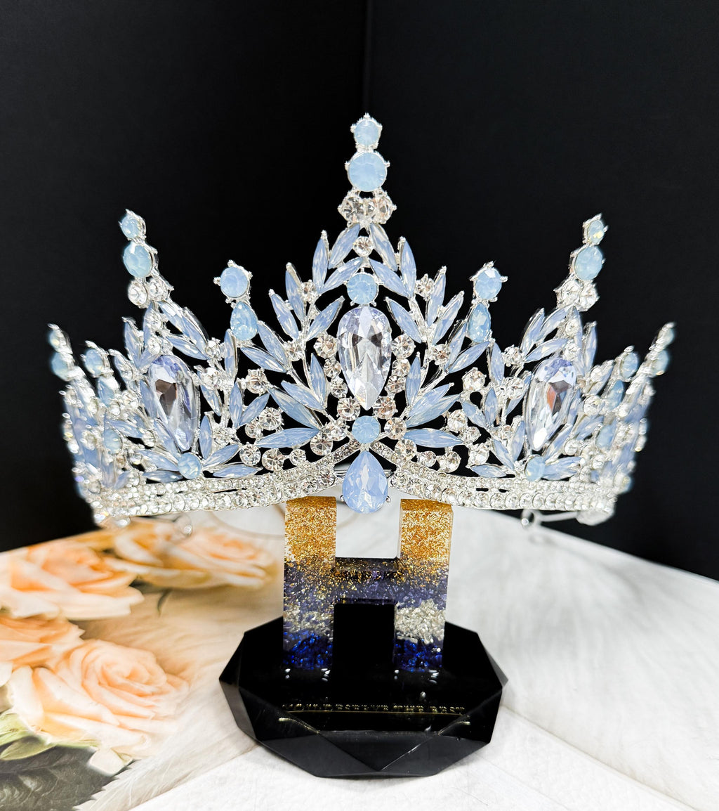 Silver Crystal Tiara Blue Cream Bridal Headpiece Wedding Crown