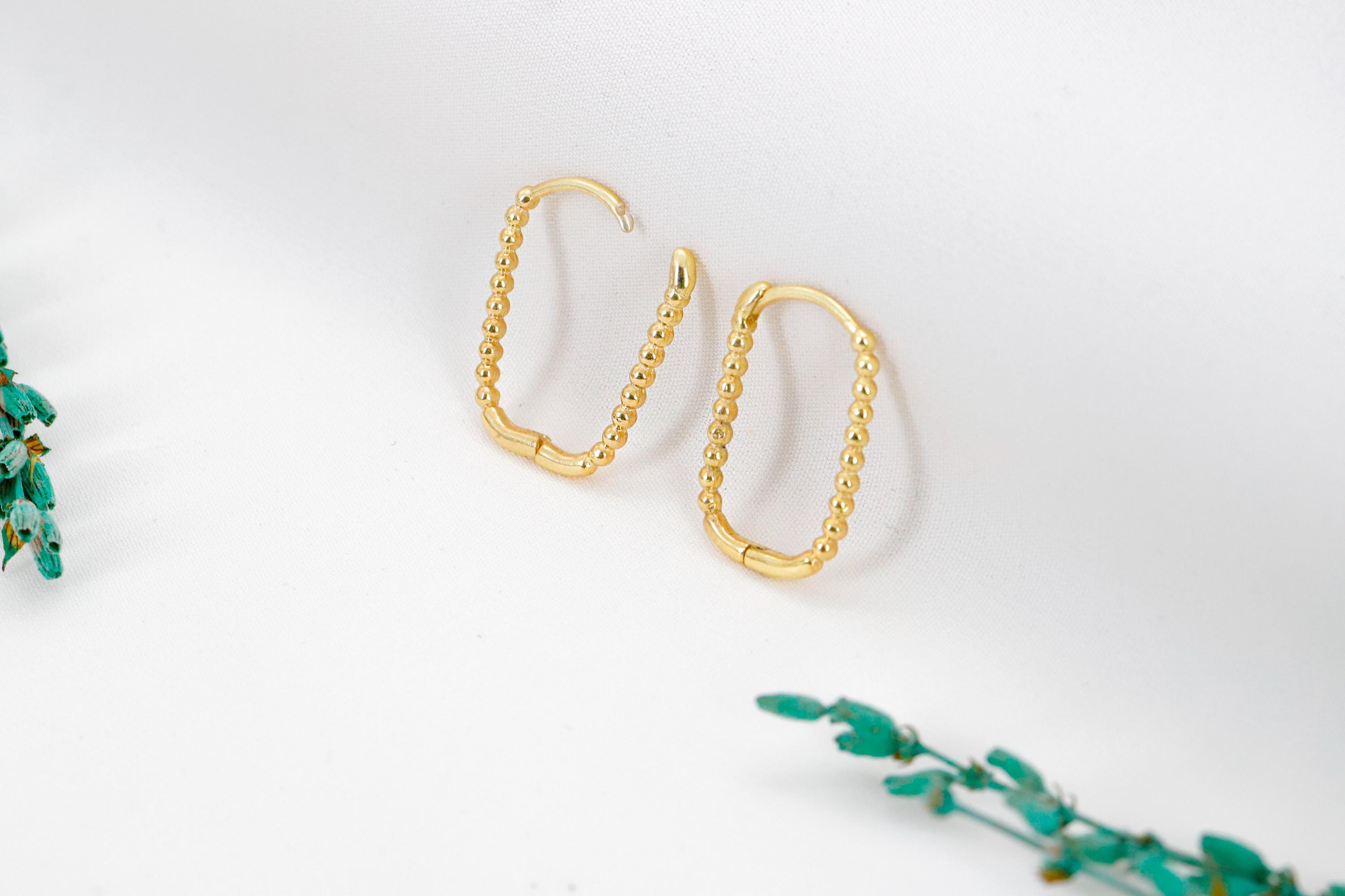 SilverGoldandRose Beaded Ball Rectangle Huggie Hoop Earrings