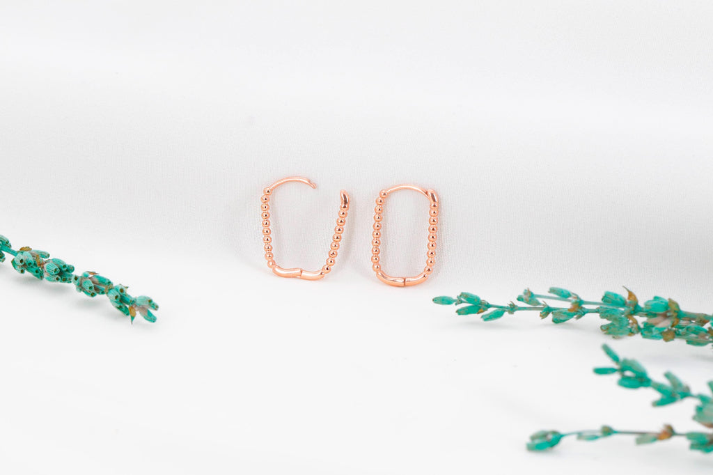 SilverGoldandRose Beaded Ball Rectangle Huggie Hoop Earrings