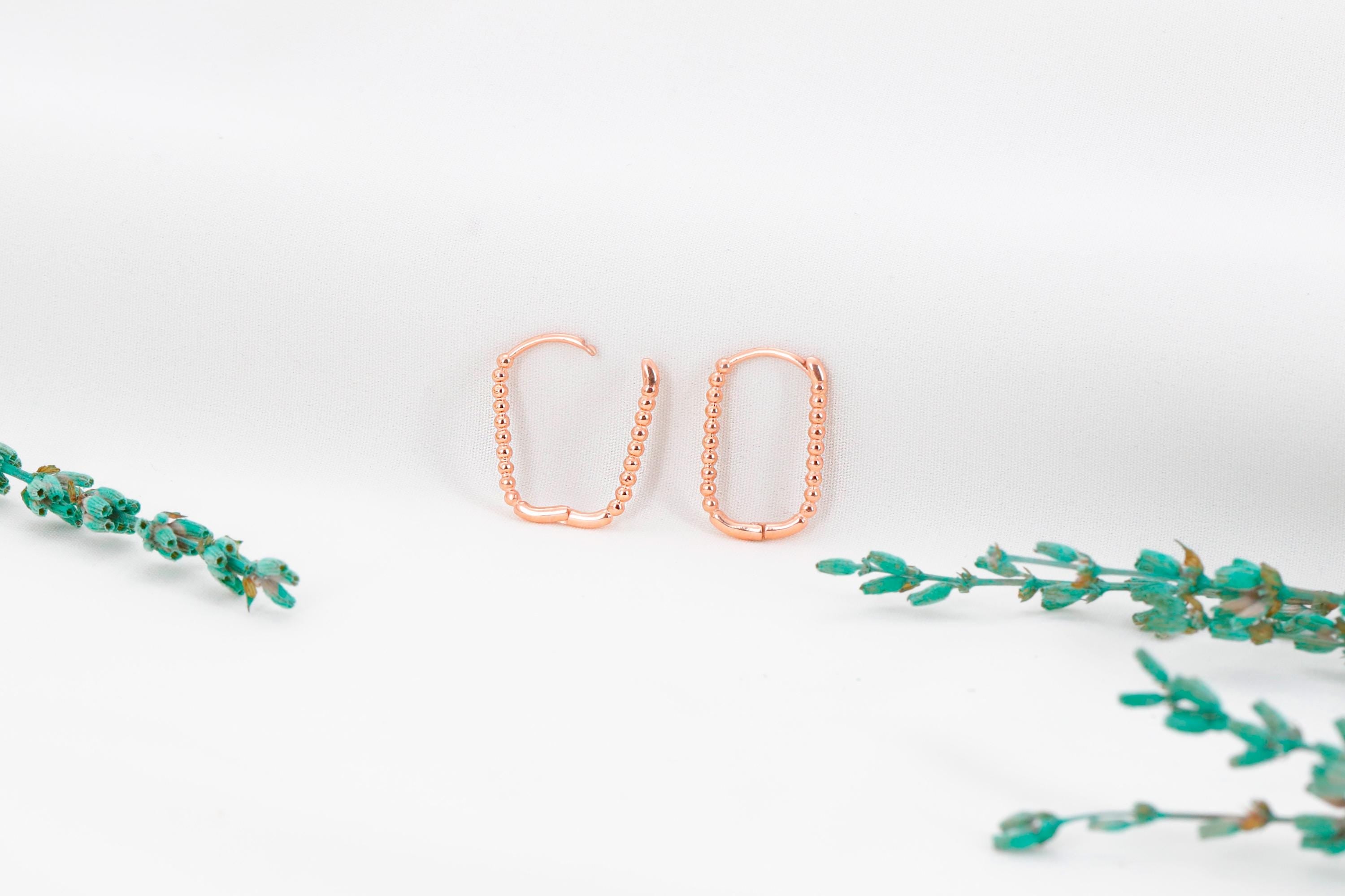 SilverGoldandRose Beaded Ball Rectangle Huggie Hoop Earrings