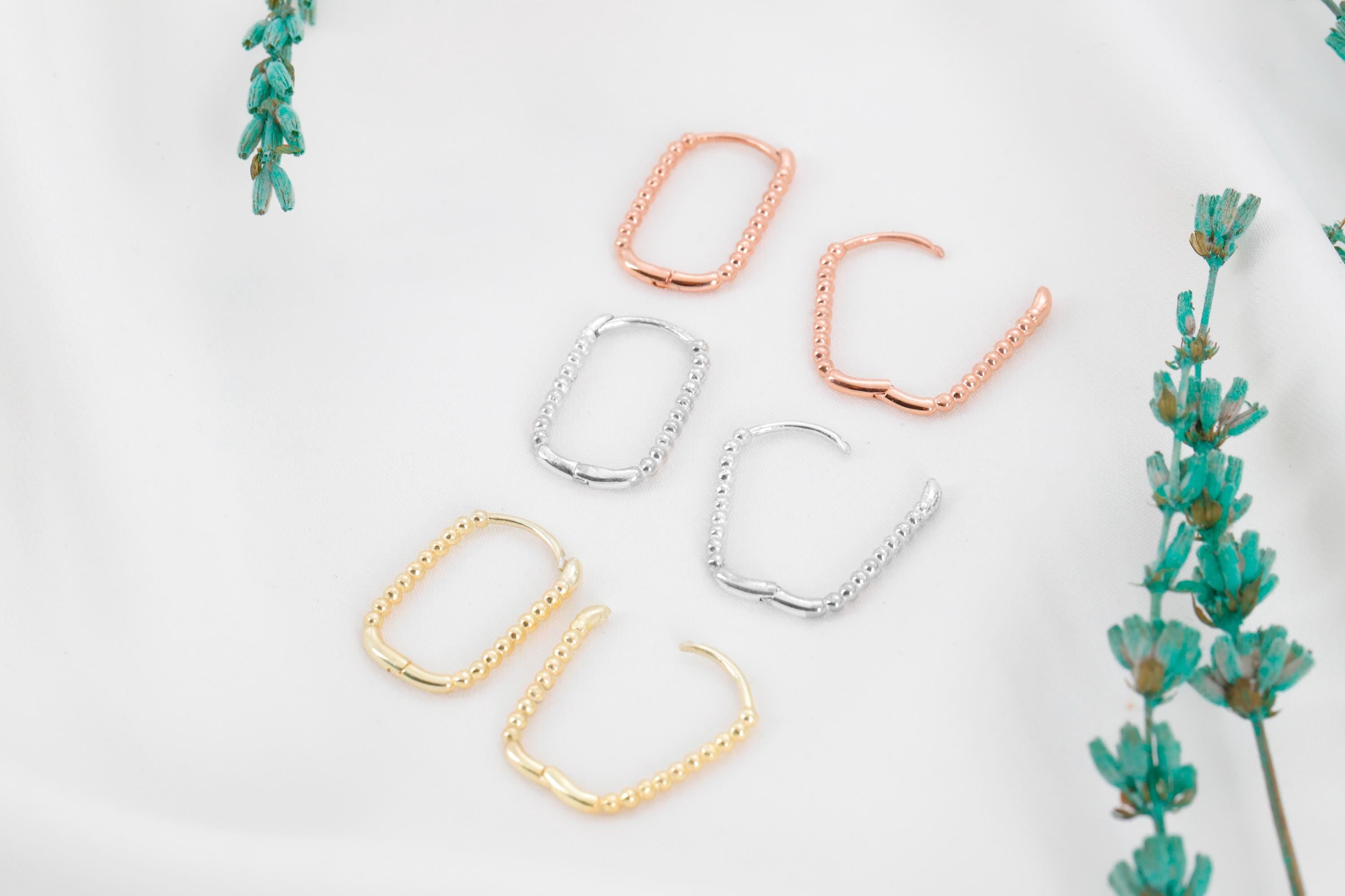 SilverGoldandRose Beaded Ball Rectangle Huggie Hoop Earrings