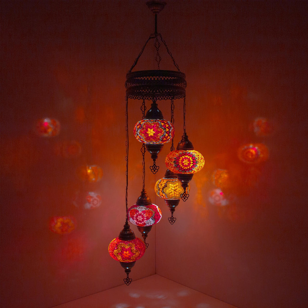 MoslandHome Handmade Turkish Mosaic Chandelier 5 Globe Hanging Lamp