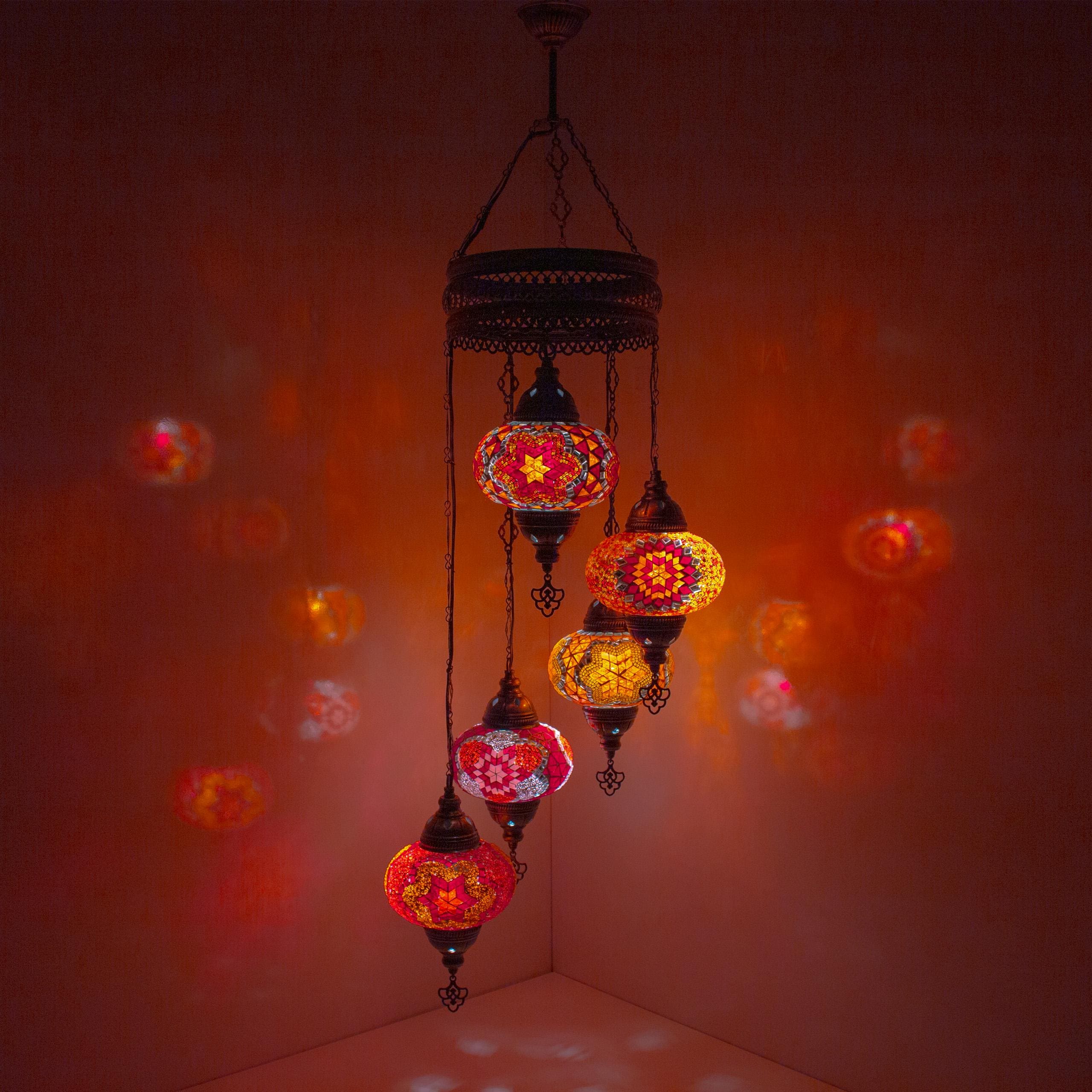 MoslandHome Handmade Turkish Mosaic Chandelier 5 Globe Hanging Lamp
