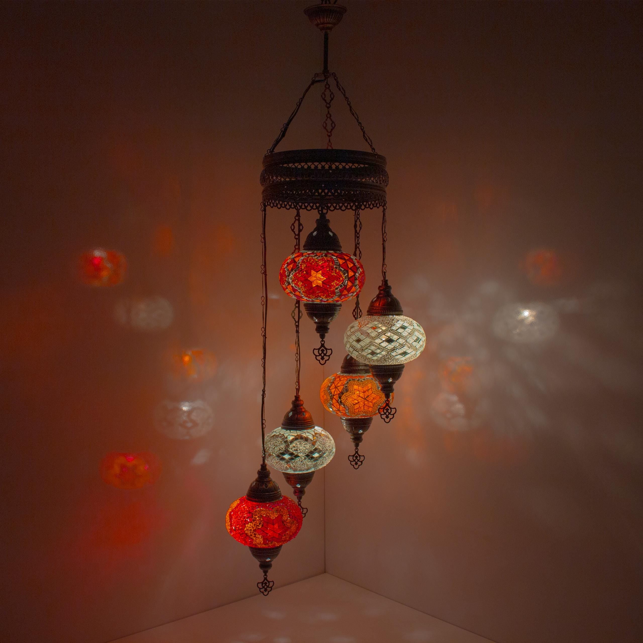 MoslandHome Handmade Turkish Mosaic Chandelier 5 Globe Hanging Lamp