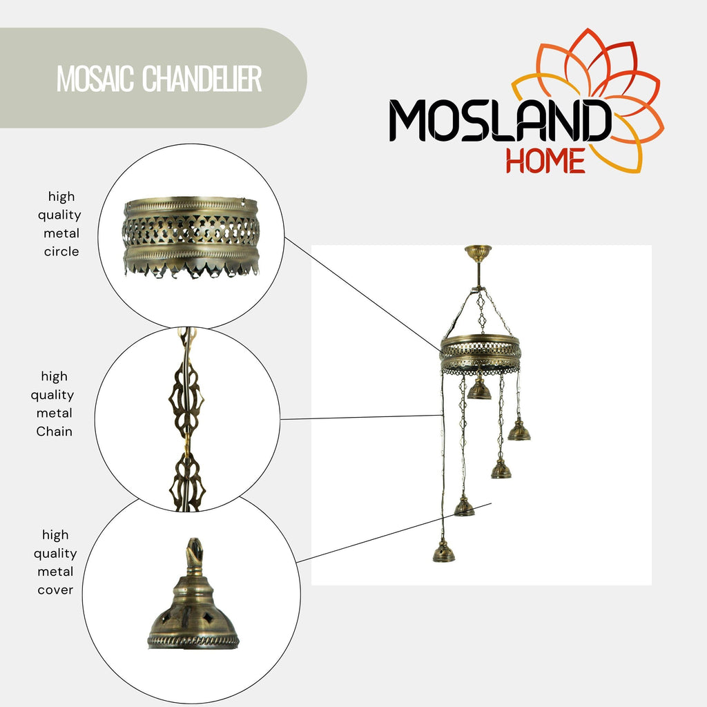 MoslandHome Handmade Turkish Mosaic Chandelier 5 Globe Hanging Lamp