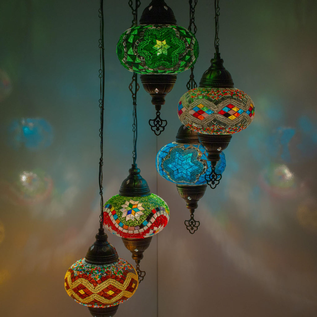 MoslandHome Handmade Turkish Mosaic Chandelier 5 Globe Hanging Lamp