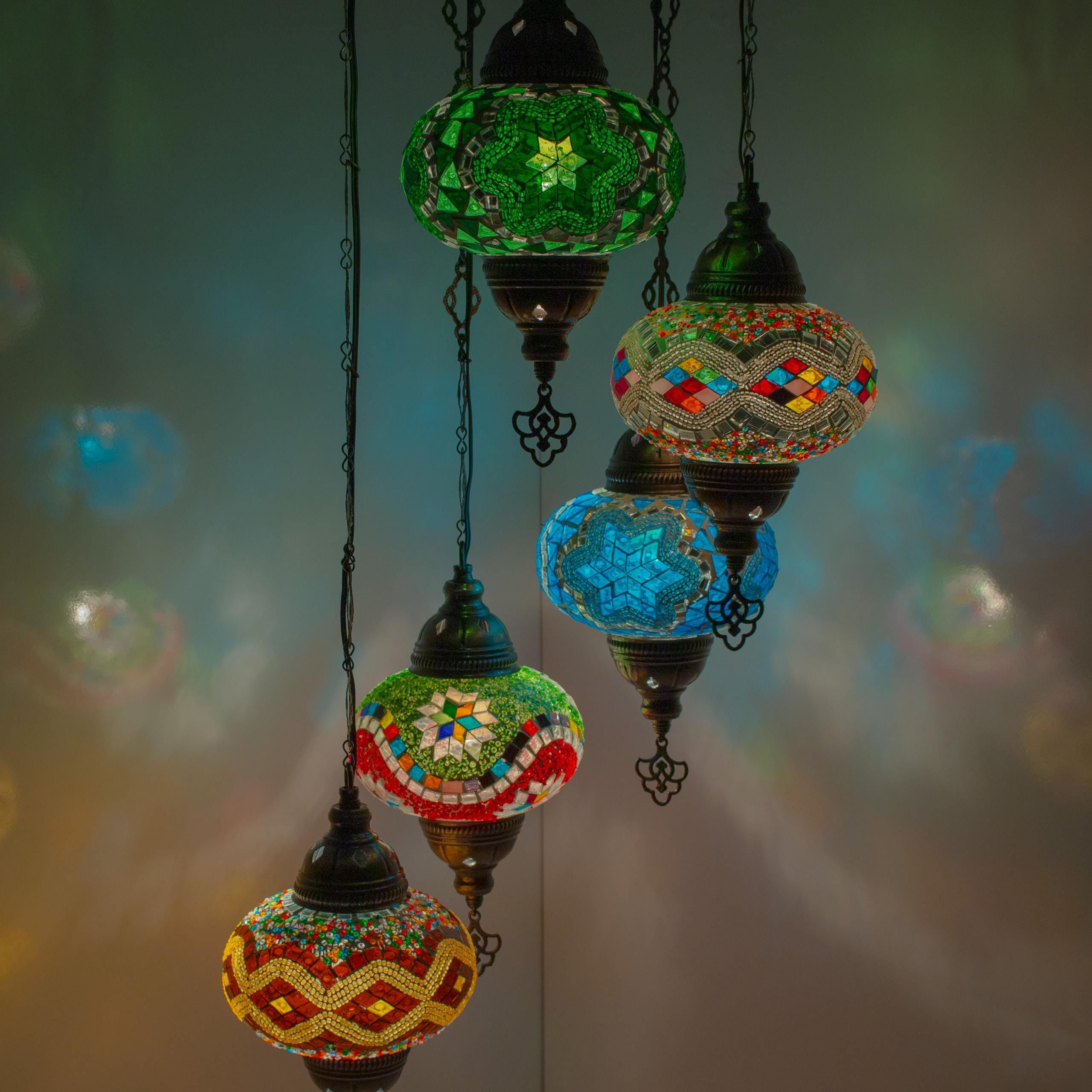 MoslandHome Handmade Turkish Mosaic Chandelier 5 Globe Hanging Lamp