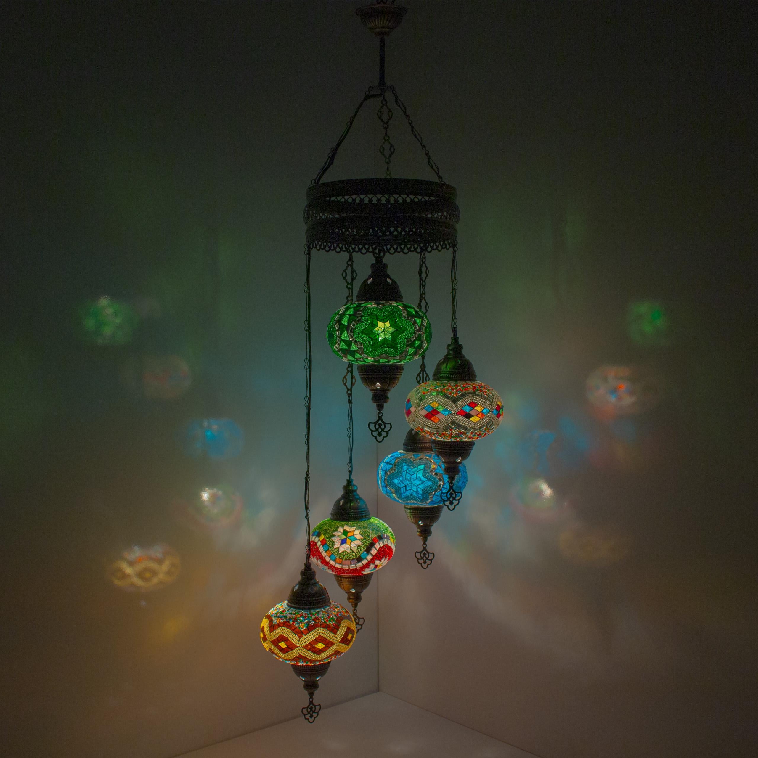 MoslandHome Handmade Turkish Mosaic Chandelier 5 Globe Hanging Lamp