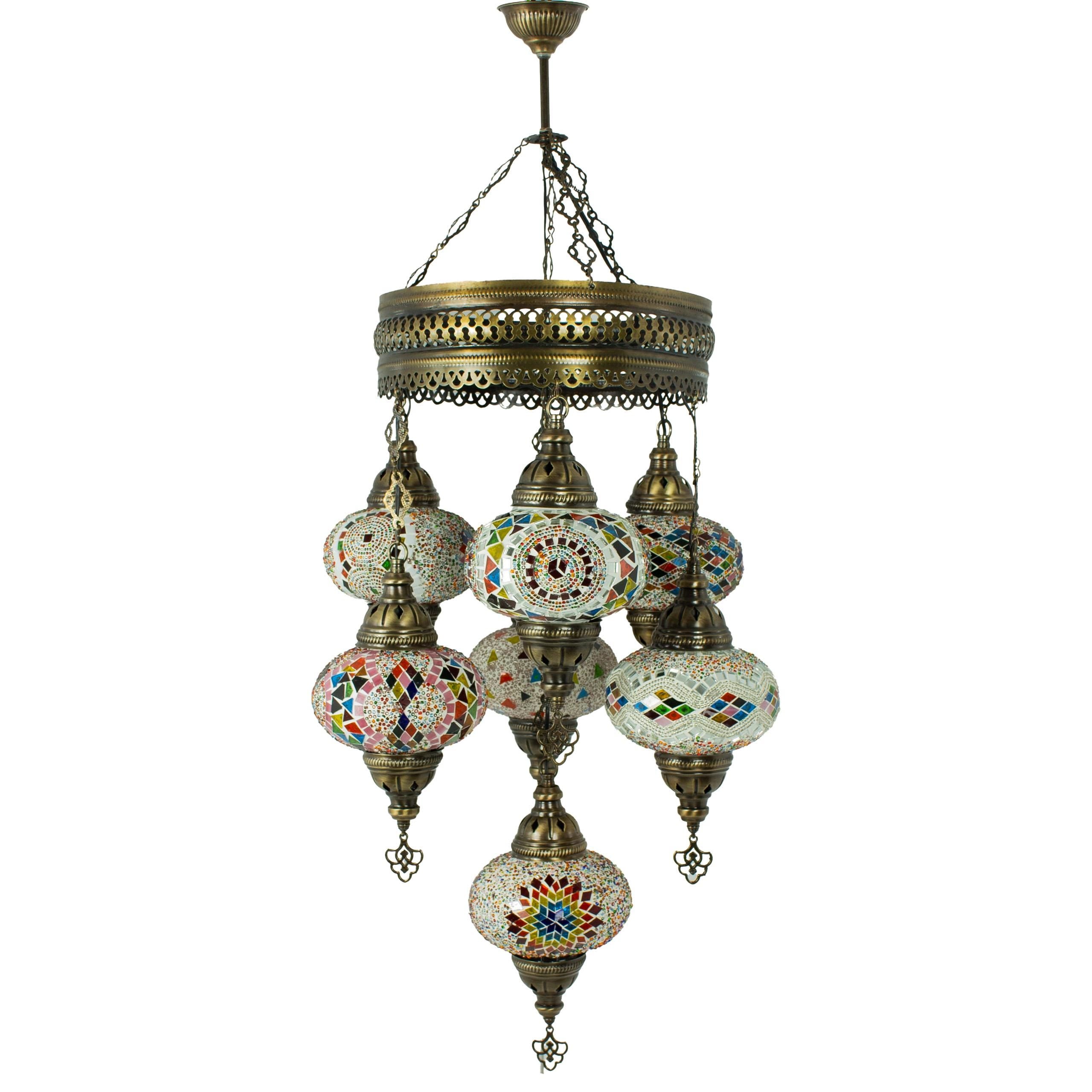 MoslandHome Handmade Turkish Mosaic Pendant Chandelier Antique Brass