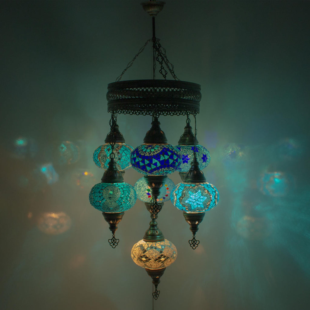 MoslandHome Handmade Turkish Mosaic Pendant Chandelier Antique Brass