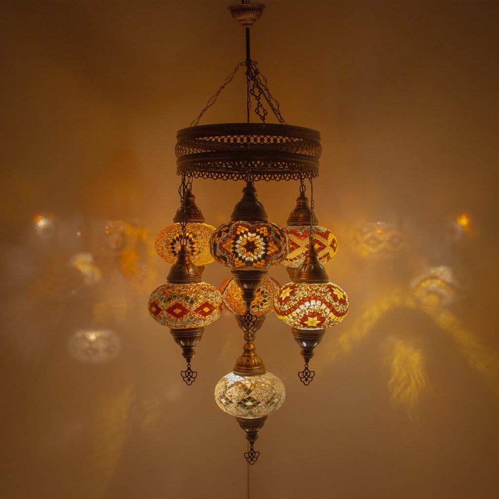 MoslandHome Handmade Turkish Mosaic Pendant Chandelier Antique Brass