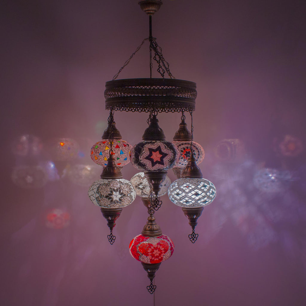 MoslandHome Handmade Turkish Mosaic Chandelier 7 Globe Pendant Light