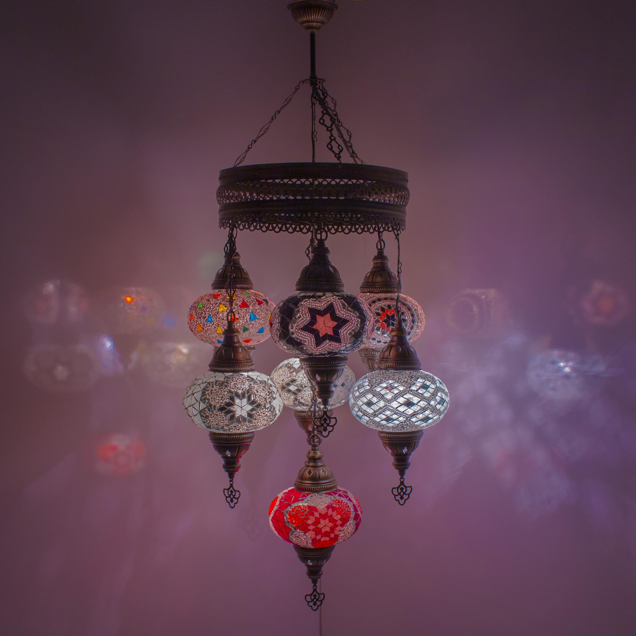 MoslandHome Handmade Turkish Mosaic Chandelier 7 Globe Pendant Light