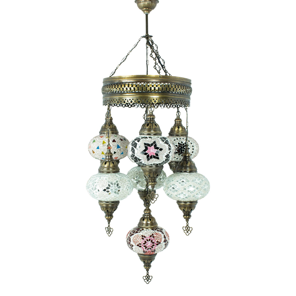 MoslandHome Handmade Turkish Mosaic Chandelier 7 Globe Pendant Light