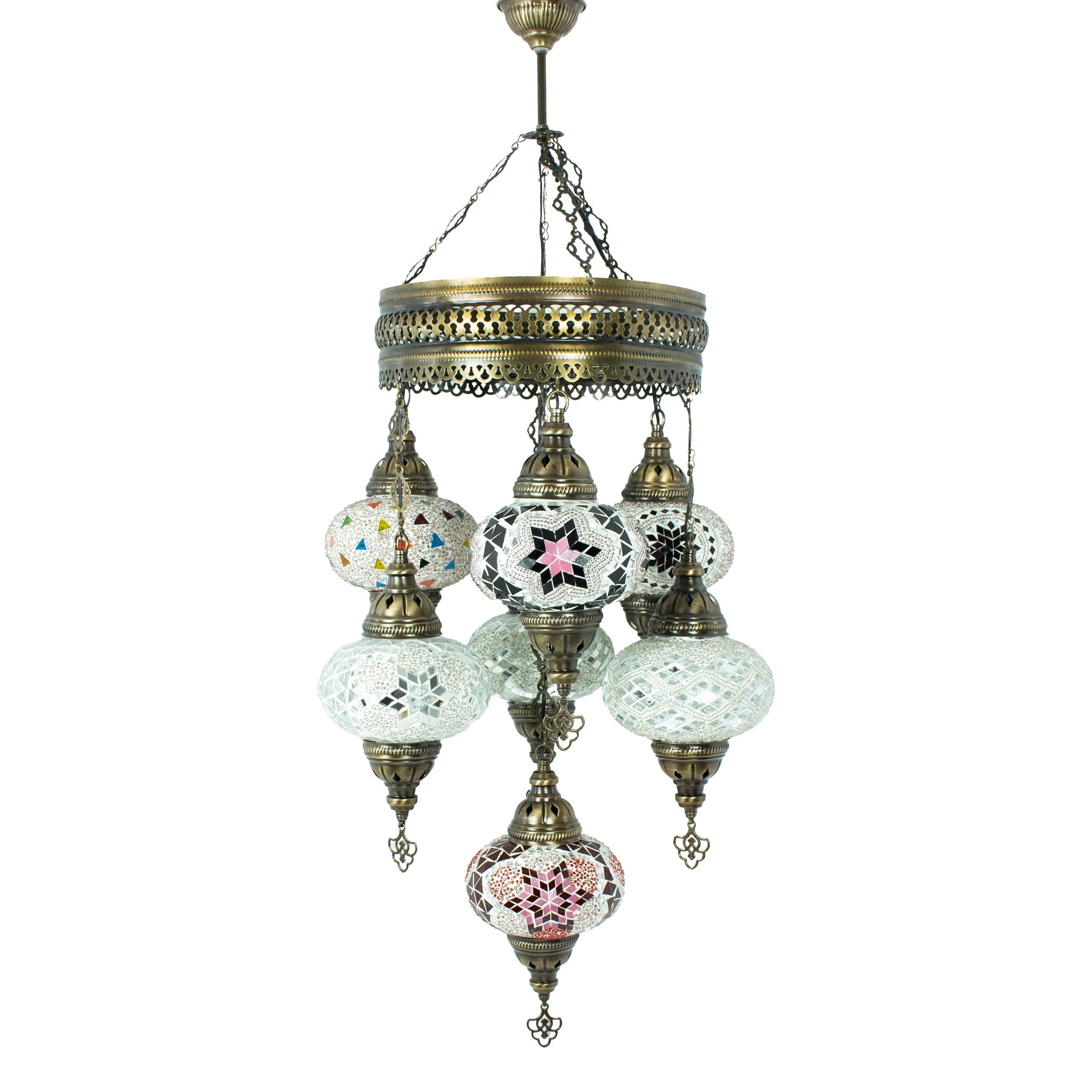MoslandHome Handmade Turkish Mosaic Chandelier 7 Globe Pendant Light