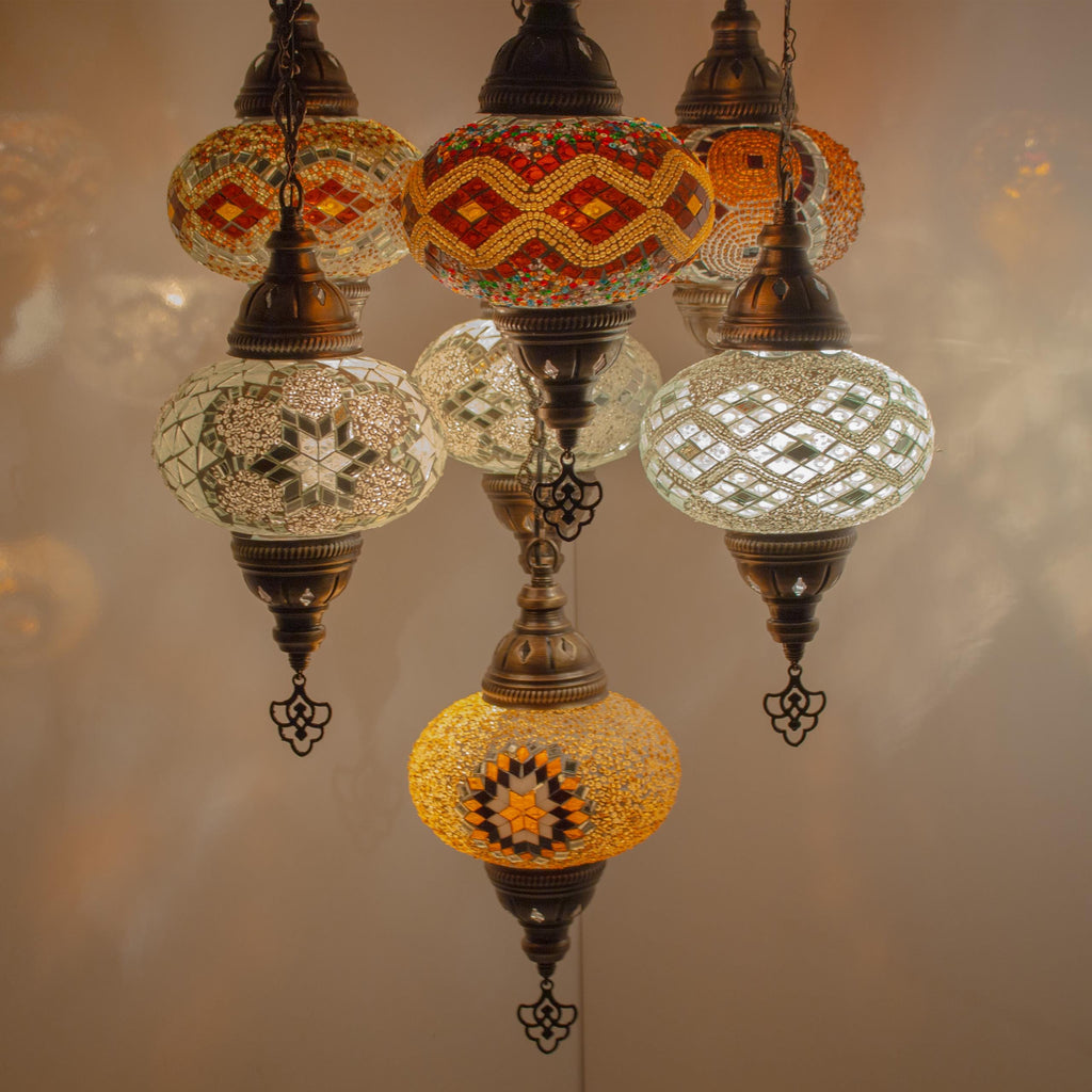 MoslandHome Handmade Turkish Mosaic Chandelier 7 Globe Hanging Lamp