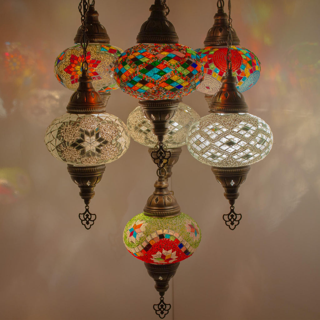 MoslandHome Handmade Turkish Mosaic Chandelier 7 Globe Hanging Lamp