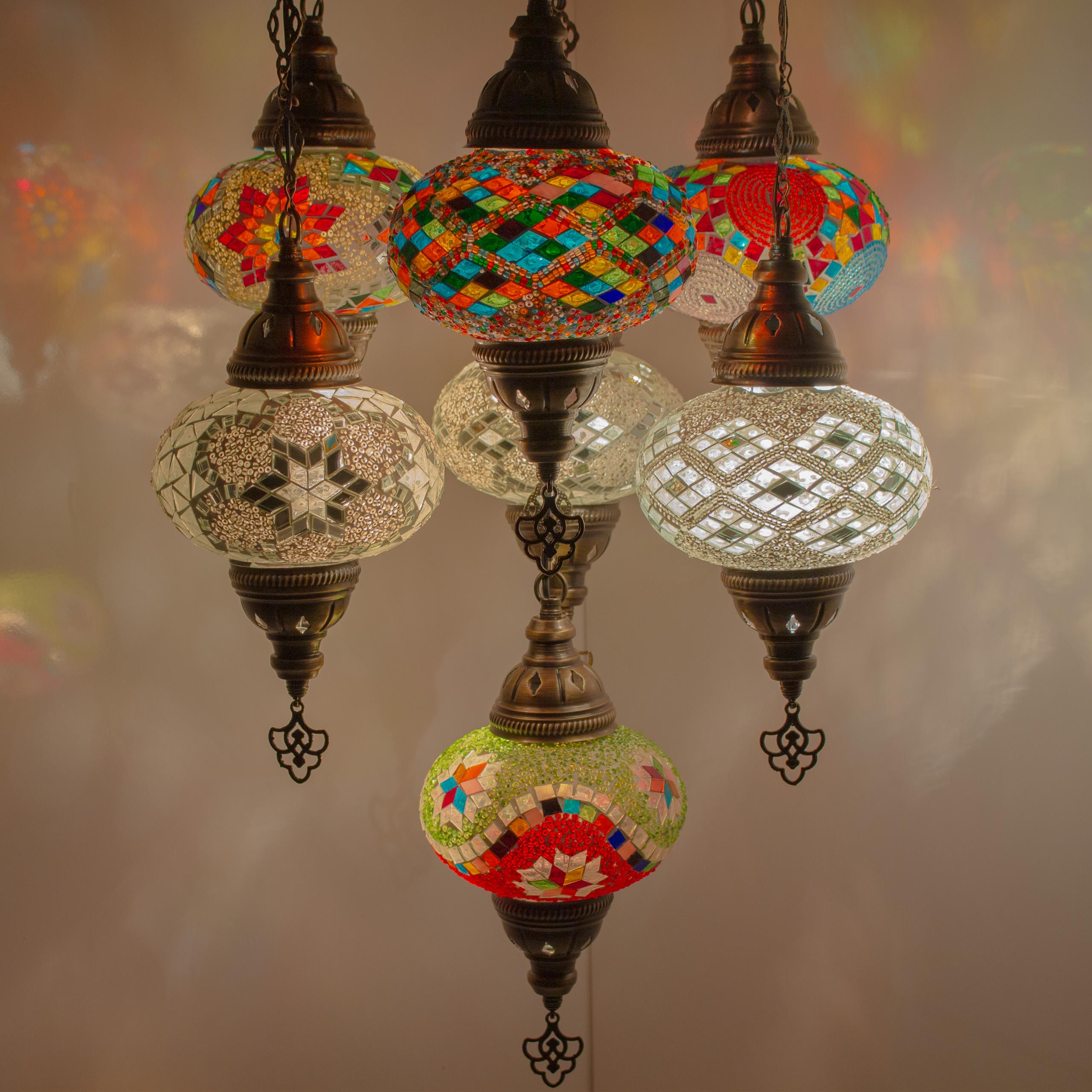 MoslandHome Handmade Turkish Mosaic Chandelier 7 Globe Hanging Lamp